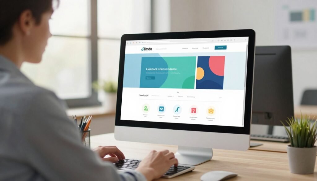 A clean and modern workspace featuring a computer with the Jimdo website editor open on the screen, showcasing a user-friendly interface. In the foreground, a professional individual in smart casual attire is sitting at the desk, confidently using the editor. The middle layer includes various design elements like colorful web templates and icons displayed on the computer, symbolizing creativity and simplicity. In the background, soft natural light filters through a large window, illuminating the space with a warm and inviting atmosphere. The image should convey a sense of ease and accessibility, ideal for beginners looking to create their own website. Focus on a soft depth of field with a slightly blurred background to enhance the subject. A clean and modern workspace featuring a computer with the Jimdo website editor open on the screen, showcasing a user-friendly interface. In the foreground, a professional individual in smart casual attire is sitting at the desk, confidently using the editor. The middle layer includes various design elements like colorful web templates and icons displayed on the computer, symbolizing creativity and simplicity. In the background, soft natural light filters through a large window, illuminating the space with a warm and inviting atmosphere. The image should convey a sense of ease and accessibility, ideal for beginners looking to create their own website. Focus on a soft depth of field with a slightly blurred background to enhance the subject.