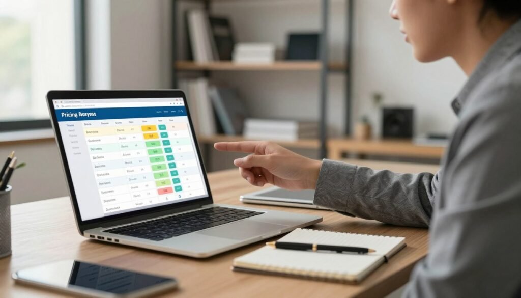 A clean, modern workspace depicting an IT management scenario focused on pricing and options for software. In the foreground, a sleek laptop displays a colorful pricing table with options and features clearly laid out. Next to it, a notepad and pen indicate active planning and budgeting. In the middle background, a professional-looking individual dressed in business attire is analyzing the screen, showcasing a thoughtful expression. Soft, natural lighting filters in through a window, adding a warm glow to the scene. The background features shelves lined with tech-related books and gadgets, enhancing the IT theme. The atmosphere is focused and efficient, perfect for illustrating pricing analysis in technology management. A clean, modern workspace depicting an IT management scenario focused on pricing and options for software. In the foreground, a sleek laptop displays a colorful pricing table with options and features clearly laid out. Next to it, a notepad and pen indicate active planning and budgeting. In the middle background, a professional-looking individual dressed in business attire is analyzing the screen, showcasing a thoughtful expression. Soft, natural lighting filters in through a window, adding a warm glow to the scene. The background features shelves lined with tech-related books and gadgets, enhancing the IT theme. The atmosphere is focused and efficient, perfect for illustrating pricing analysis in technology management.