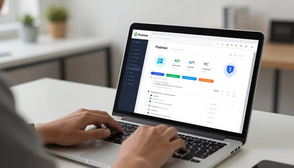 A close-up view of a person in professional business attire working on a laptop, surrounded by a clean, modern workspace. The screen displays the Postman interface with API integration visualizations and code snippets. In the foreground, emphasize the laptop and hands typing, showing detailed fingers in motion. In the middle, zoom into the Postman app's colorful dashboard and API information, with distinct visual elements like API endpoints and response data. In the background, softly blurred office elements like a sleek desk, minimalistic décor, and soft, warm lighting to create a professional yet inviting ambiance. The overall mood should be focused and technical, perfect for illustrating the concept of API integration. A close-up view of a person in professional business attire working on a laptop, surrounded by a clean, modern workspace. The screen displays the Postman interface with API integration visualizations and code snippets. In the foreground, emphasize the laptop and hands typing, showing detailed fingers in motion. In the middle, zoom into the Postman app's colorful dashboard and API information, with distinct visual elements like API endpoints and response data. In the background, softly blurred office elements like a sleek desk, minimalistic décor, and soft, warm lighting to create a professional yet inviting ambiance. The overall mood should be focused and technical, perfect for illustrating the concept of API integration.