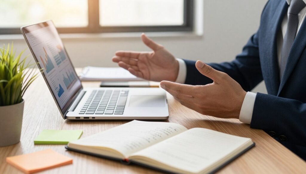 A close-up view of a well-organized workspace, featuring a wooden desk with a stylish laptop open, displaying engaging graphs and charts. In the foreground, a professional notebook is open, with handwritten notes and colorful sticky notes scattered around. A potted plant adds a touch of greenery. In the middle ground, a pair of hands, clad in smart business attire, are gesturing as if explaining something important. The background shows a modern office environment with large windows letting in warm, natural light, creating a bright and optimistic atmosphere. The overall mood is one of focus and professionalism, conveying the essence of building a solid business plan. A close-up view of a well-organized workspace, featuring a wooden desk with a stylish laptop open, displaying engaging graphs and charts. In the foreground, a professional notebook is open, with handwritten notes and colorful sticky notes scattered around. A potted plant adds a touch of greenery. In the middle ground, a pair of hands, clad in smart business attire, are gesturing as if explaining something important. The background shows a modern office environment with large windows letting in warm, natural light, creating a bright and optimistic atmosphere. The overall mood is one of focus and professionalism, conveying the essence of building a solid business plan.
