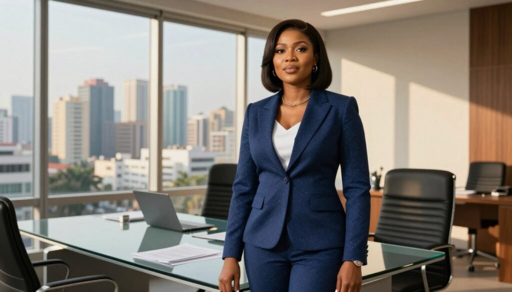 A confident and successful Nigerian businesswoman, Folorunsho Alakija, stands in a modern office setting. In the foreground, she is dressed in a tailored navy blue suit with a subtle pattern, her expression exuding determination and poise. The middle layer features a sleek glass desk with documents and a laptop, symbolizing her industrious nature. In the background, large windows showcase a cityscape, highlighting Lagos with its vibrant skyline. Soft, natural lighting pours in, creating a warm atmosphere throughout the scene. The perspective is a slightly low angle, emphasizing her authority and the grandeur of her environment, while casting soft shadows that add depth and professionalism. Overall, the mood conveys aspiration and success, capturing her impressive journey as a leading figure in the business world. A confident and successful Nigerian businesswoman, Folorunsho Alakija, stands in a modern office setting. In the foreground, she is dressed in a tailored navy blue suit with a subtle pattern, her expression exuding determination and poise. The middle layer features a sleek glass desk with documents and a laptop, symbolizing her industrious nature. In the background, large windows showcase a cityscape, highlighting Lagos with its vibrant skyline. Soft, natural lighting pours in, creating a warm atmosphere throughout the scene. The perspective is a slightly low angle, emphasizing her authority and the grandeur of her environment, while casting soft shadows that add depth and professionalism. Overall, the mood conveys aspiration and success, capturing her impressive journey as a leading figure in the business world.