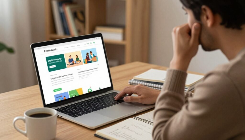 A cozy and inviting online learning environment for English language courses, featuring a laptop open on a desk displaying a variety of English learning resources. In the foreground, a cup of coffee sits next to the laptop, and a notepad with neatly written vocabulary is visible. In the middle ground, an adult learner in smart casual attire is engaged with the screen, exuding concentration and a hint of frustration. The background shows a soft-focus bookshelf filled with English books and educational materials, with warm lighting creating a welcoming atmosphere. The scene could be captured from a slightly elevated angle, emphasizing the interaction between the learner and their study space, conveying a mood of determination with an underlying sense of challenge that suggests the limitations and weaknesses to consider in online learning. A cozy and inviting online learning environment for English language courses, featuring a laptop open on a desk displaying a variety of English learning resources. In the foreground, a cup of coffee sits next to the laptop, and a notepad with neatly written vocabulary is visible. In the middle ground, an adult learner in smart casual attire is engaged with the screen, exuding concentration and a hint of frustration. The background shows a soft-focus bookshelf filled with English books and educational materials, with warm lighting creating a welcoming atmosphere. The scene could be captured from a slightly elevated angle, emphasizing the interaction between the learner and their study space, conveying a mood of determination with an underlying sense of challenge that suggests the limitations and weaknesses to consider in online learning.