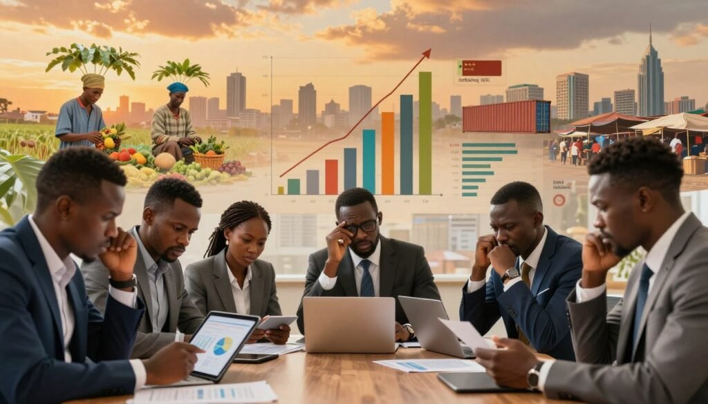 A detailed and analytical scene illustrating the economic impacts of inflation in African nations. In the foreground, a diverse group of professionals in business attire engaged in discussion, analyzing charts and reports on tablets and laptops, expressing concern and determination. In the middle ground, a series of bar graphs and data visualizations depicting inflation rates and economic indicators, surrounded by symbolic images representing agriculture, trade, and industry—such as a farmer with produce, a shipping container, and a bustling marketplace. The background features a city skyline of a typical African metropolis under dramatic, warm lighting, suggesting a sunset that symbolizes both challenge and hope. The atmosphere is serious yet inspiring, conveying the urgency and resilience in the face of economic adversity. A detailed and analytical scene illustrating the economic impacts of inflation in African nations. In the foreground, a diverse group of professionals in business attire engaged in discussion, analyzing charts and reports on tablets and laptops, expressing concern and determination. In the middle ground, a series of bar graphs and data visualizations depicting inflation rates and economic indicators, surrounded by symbolic images representing agriculture, trade, and industry—such as a farmer with produce, a shipping container, and a bustling marketplace. The background features a city skyline of a typical African metropolis under dramatic, warm lighting, suggesting a sunset that symbolizes both challenge and hope. The atmosphere is serious yet inspiring, conveying the urgency and resilience in the face of economic adversity.