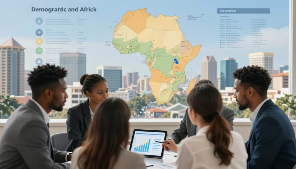 A detailed and informative scene illustrating demographic and economic analysis of Africa. In the foreground, a diverse group of business professionals in professional attire is engaged in discussion around a digital tablet displaying graphs and data. In the middle ground, an abstract map of Africa, highlighted with indicators of economic growth and demographic statistics, serves as a backdrop. The background features a skyline of modern African cities with a blend of traditional and contemporary architecture under a clear blue sky. Soft, natural lighting illuminates the scene, creating a vibrant and optimistic atmosphere, emphasizing growth and potential in the African market. The composition captures a sense of collaboration and strategic planning. A detailed and informative scene illustrating demographic and economic analysis of Africa. In the foreground, a diverse group of business professionals in professional attire is engaged in discussion around a digital tablet displaying graphs and data. In the middle ground, an abstract map of Africa, highlighted with indicators of economic growth and demographic statistics, serves as a backdrop. The background features a skyline of modern African cities with a blend of traditional and contemporary architecture under a clear blue sky. Soft, natural lighting illuminates the scene, creating a vibrant and optimistic atmosphere, emphasizing growth and potential in the African market. The composition captures a sense of collaboration and strategic planning.