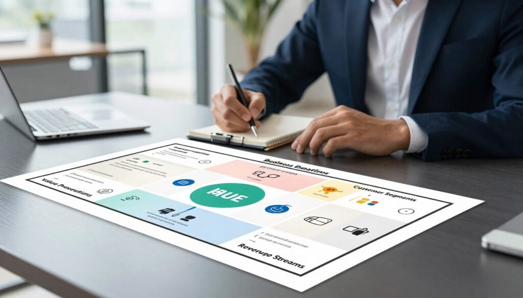 A detailed and organized Business Model Canvas on a sleek, modern desk. In the foreground, clear sections of the canvas are visible, labeled with key elements like "Value Propositions," "Customer Segments," and "Revenue Streams." Each section features colorful icons and symbols representing various business concepts. In the middle, a professional individual in smart business attire is analyzing the canvas, using a notepad and pen to jot down ideas. The background is softly blurred, showcasing a contemporary office setting with large windows letting in natural light, enhancing a positive and collaborative atmosphere. The image conveys a sense of creativity and strategic planning, inviting viewers to learn and engage with the content visually. A detailed and organized Business Model Canvas on a sleek, modern desk. In the foreground, clear sections of the canvas are visible, labeled with key elements like "Value Propositions," "Customer Segments," and "Revenue Streams." Each section features colorful icons and symbols representing various business concepts. In the middle, a professional individual in smart business attire is analyzing the canvas, using a notepad and pen to jot down ideas. The background is softly blurred, showcasing a contemporary office setting with large windows letting in natural light, enhancing a positive and collaborative atmosphere. The image conveys a sense of creativity and strategic planning, inviting viewers to learn and engage with the content visually.