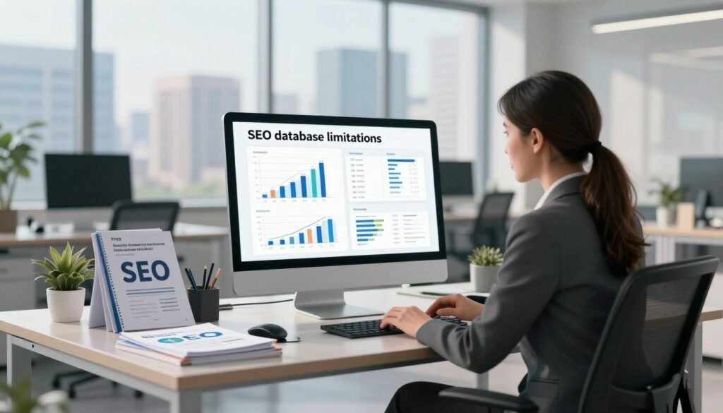 A detailed digital illustration of a modern office space depicting the concept of "SEO database limitations." In the foreground, a professional businesswoman in business attire is examining a large digital screen displaying complex graphs and charts related to SEO data metrics. She is focused and engaged, symbolizing strategic analysis. In the middle ground, a sleek desk is cluttered with SEO guides and analytical tools, creating a dynamic workspace atmosphere. The background features a large window showcasing a city skyline, casting soft, natural light across the scene, enhancing the mood of professionalism and innovation. Use a shallow depth of field to create a sense of focus on the subject while slightly blurring the workspace details behind her, amplifying the serene yet cerebral environment of digital marketing analytics. A detailed digital illustration of a modern office space depicting the concept of "SEO database limitations." In the foreground, a professional businesswoman in business attire is examining a large digital screen displaying complex graphs and charts related to SEO data metrics. She is focused and engaged, symbolizing strategic analysis. In the middle ground, a sleek desk is cluttered with SEO guides and analytical tools, creating a dynamic workspace atmosphere. The background features a large window showcasing a city skyline, casting soft, natural light across the scene, enhancing the mood of professionalism and innovation. Use a shallow depth of field to create a sense of focus on the subject while slightly blurring the workspace details behind her, amplifying the serene yet cerebral environment of digital marketing analytics.