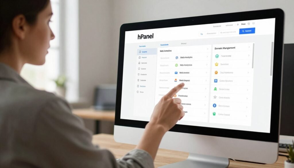 A detailed, modern depiction of the hPanel interface from Hostinger, highlighting its intuitive design. In the foreground, there should be a sleek computer monitor displaying the hPanel, showcasing a user-friendly dashboard with neatly organized features like domain management, web analytics, and customer support tools. In the middle ground, a professional individual, dressed in business casual attire, interacts with the interface, reflecting a sense of ease and confidence. The background includes a minimalist office space with soft lighting, creating a warm and inviting atmosphere. Use natural light from a nearby window to enhance clarity and focus on the screen. The overall mood should convey simplicity and efficiency, ideal for new users navigating a web hosting platform. A detailed, modern depiction of the hPanel interface from Hostinger, highlighting its intuitive design. In the foreground, there should be a sleek computer monitor displaying the hPanel, showcasing a user-friendly dashboard with neatly organized features like domain management, web analytics, and customer support tools. In the middle ground, a professional individual, dressed in business casual attire, interacts with the interface, reflecting a sense of ease and confidence. The background includes a minimalist office space with soft lighting, creating a warm and inviting atmosphere. Use natural light from a nearby window to enhance clarity and focus on the screen. The overall mood should convey simplicity and efficiency, ideal for new users navigating a web hosting platform.