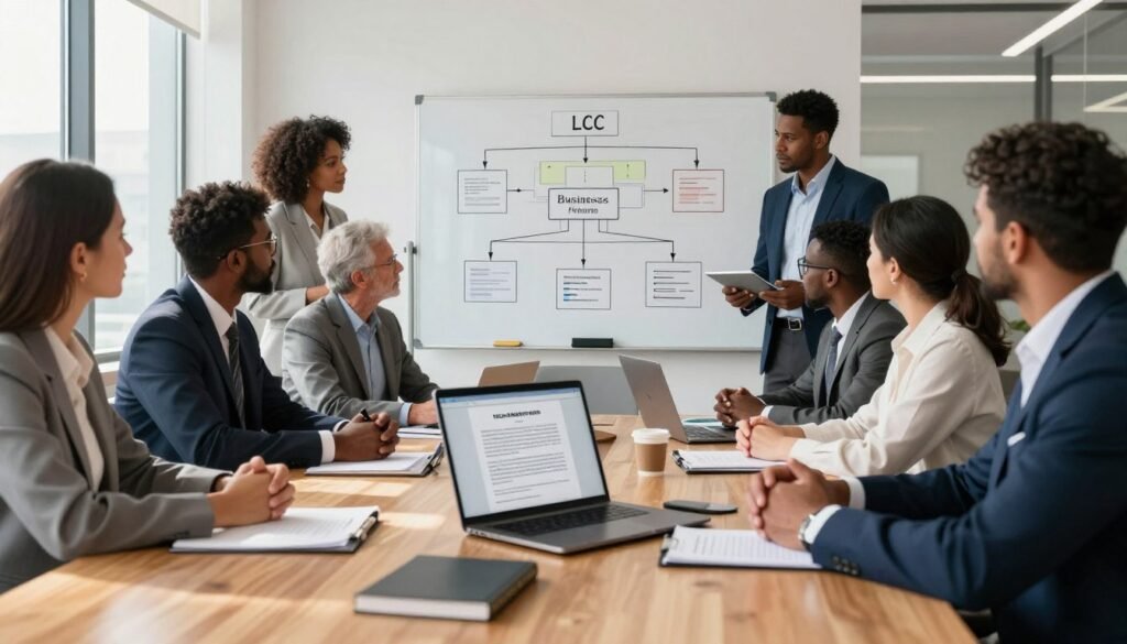 A detailed office scene illustrating various legal business structures. In the foreground, a large wooden conference table with an open laptop displaying legal documents. Around the table, a diverse group of professionals in business attire, engaged in a discussion about choosing the right business form. In the middle, a whiteboard filled with diagrams and charts representing different business structures, such as LLC, corporation, and sole proprietorship. The background shows a modern office with large windows letting in bright, natural light, casting soft shadows across the room. The atmosphere is collaborative and focused, emphasizing the importance of making informed business decisions in Senegal's entrepreneurial landscape. A detailed office scene illustrating various legal business structures. In the foreground, a large wooden conference table with an open laptop displaying legal documents. Around the table, a diverse group of professionals in business attire, engaged in a discussion about choosing the right business form. In the middle, a whiteboard filled with diagrams and charts representing different business structures, such as LLC, corporation, and sole proprietorship. The background shows a modern office with large windows letting in bright, natural light, casting soft shadows across the room. The atmosphere is collaborative and focused, emphasizing the importance of making informed business decisions in Senegal's entrepreneurial landscape.
