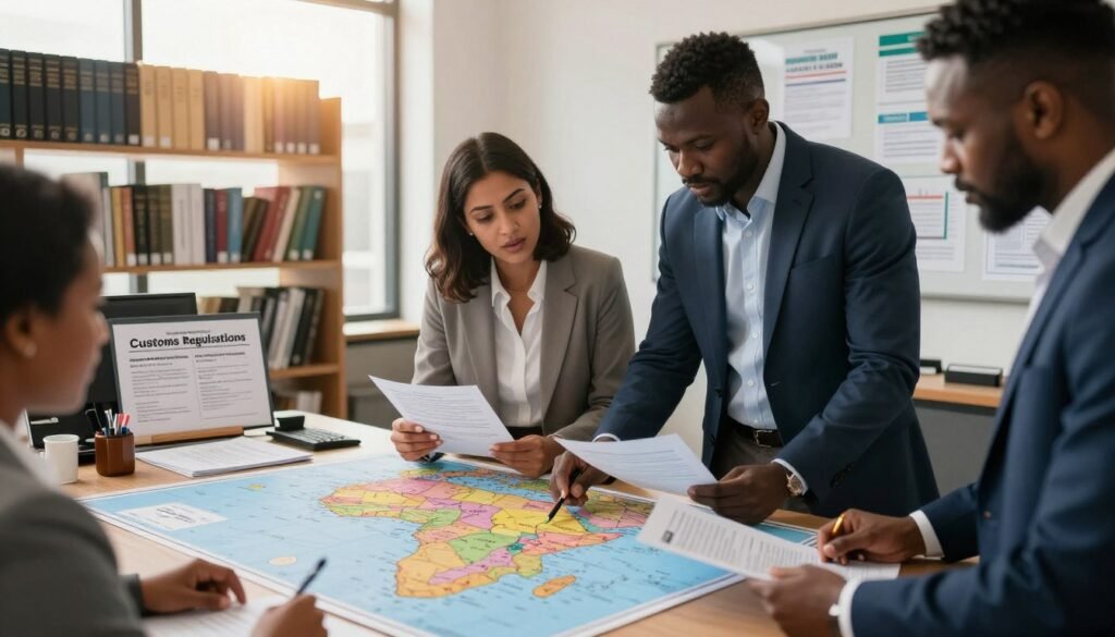 A detailed office setting showcasing customs regulations in Africa. In the foreground, a diverse group of professionals, including a South Asian woman and an African man, discuss trade documents, dressed in smart business attire. They examine a colorful map of Africa with trade routes marked out on a large table. In the middle ground, shelves filled with books on trade laws and customs regulations are visible, along with various documents and charts indicating compliance processes. In the background, a large window allows warm sunlight to filter in, creating an inviting atmosphere. The focus is on cooperation and understanding of local regulations, with a sense of professionalism and determination in the air. A detailed office setting showcasing customs regulations in Africa. In the foreground, a diverse group of professionals, including a South Asian woman and an African man, discuss trade documents, dressed in smart business attire. They examine a colorful map of Africa with trade routes marked out on a large table. In the middle ground, shelves filled with books on trade laws and customs regulations are visible, along with various documents and charts indicating compliance processes. In the background, a large window allows warm sunlight to filter in, creating an inviting atmosphere. The focus is on cooperation and understanding of local regulations, with a sense of professionalism and determination in the air.