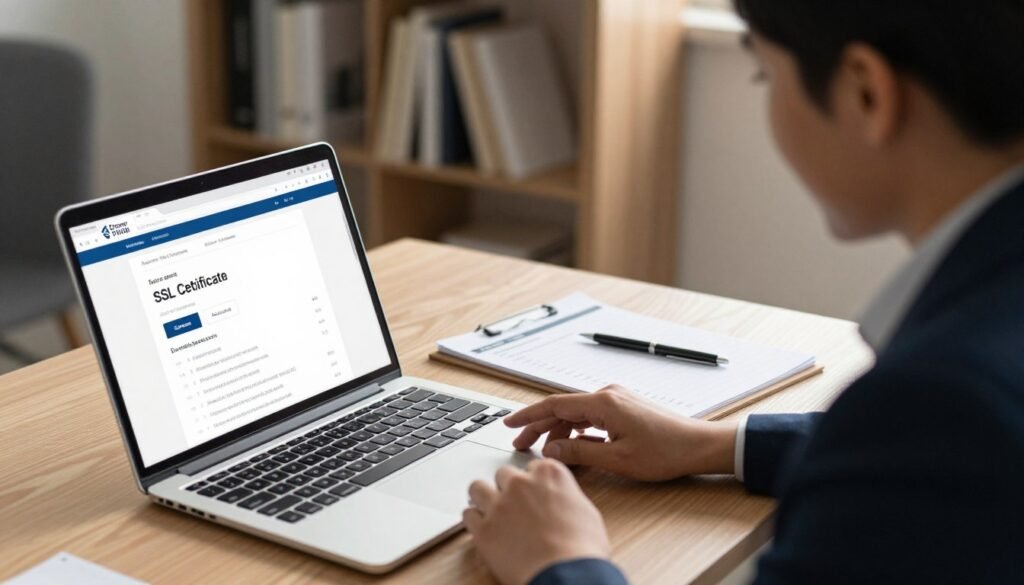 A detailed, professional workspace displaying criteria for selecting an SSL certificate. In the foreground, a laptop is open with a webpage showing SSL certificate options, surrounded by notes and a pen. The middle ground features a confident business professional in business attire, analyzing the screen, with focused expression. A notepad with criteria for selection is nearby. In the background, shelves filled with books on cybersecurity and digital strategy, softly blurred. Warm, natural lighting fills the room, casting gentle shadows. The angle is slightly above, providing a comprehensive view of the workspace while maintaining a serious, informative atmosphere that conveys diligence and professionalism. A detailed, professional workspace displaying criteria for selecting an SSL certificate. In the foreground, a laptop is open with a webpage showing SSL certificate options, surrounded by notes and a pen. The middle ground features a confident business professional in business attire, analyzing the screen, with focused expression. A notepad with criteria for selection is nearby. In the background, shelves filled with books on cybersecurity and digital strategy, softly blurred. Warm, natural lighting fills the room, casting gentle shadows. The angle is slightly above, providing a comprehensive view of the workspace while maintaining a serious, informative atmosphere that conveys diligence and professionalism.