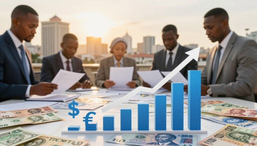 A detailed view of various economic indicators symbolizing the causes of inflation in Africa. In the foreground, a dynamic graph showing rising prices with an upward arrow, symbols of currency such as the African franc and dollar surrounding it, displayed in a modern, clear style. The middle ground features professionals in business attire analyzing documents and discussing strategies, emphasizing teamwork and problem-solving. In the background, a vibrant cityscape showcasing African architecture, with a warm golden light casting a hopeful atmosphere. The lens is set to a slight wide-angle to provide a comprehensive view of this economic landscape. The overall mood is serious yet optimistic, reflecting the urgency of addressing inflation while highlighting potential solutions. A detailed view of various economic indicators symbolizing the causes of inflation in Africa. In the foreground, a dynamic graph showing rising prices with an upward arrow, symbols of currency such as the African franc and dollar surrounding it, displayed in a modern, clear style. The middle ground features professionals in business attire analyzing documents and discussing strategies, emphasizing teamwork and problem-solving. In the background, a vibrant cityscape showcasing African architecture, with a warm golden light casting a hopeful atmosphere. The lens is set to a slight wide-angle to provide a comprehensive view of this economic landscape. The overall mood is serious yet optimistic, reflecting the urgency of addressing inflation while highlighting potential solutions.
