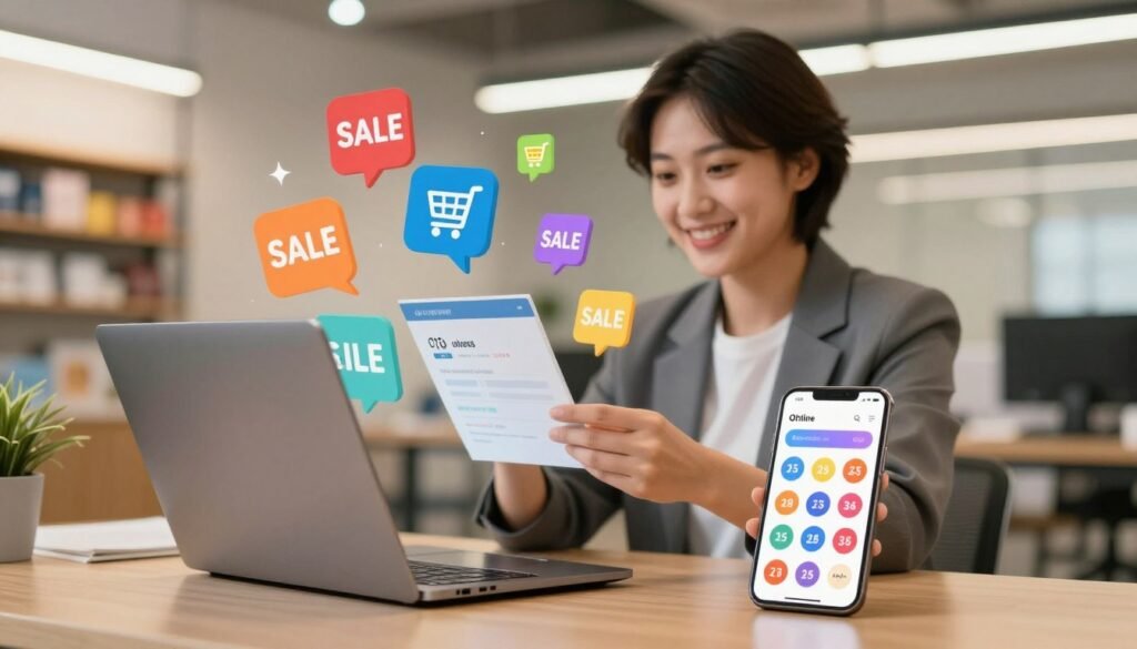 A digital shopping guide scene showcasing vibrant deals and discounts. In the foreground, an elegant laptop and smartphone displaying colorful price tags and discount icons for online shopping. The middle ground features a confident business person in smart casual attire, analyzing online deals with a smile, surrounded by floating visual elements like shopping carts and sale signs. The background is a modern, bright office space with warm ambient lighting, emphasizing productivity and excitement. The mood conveys optimism and motivation for savvy online shoppers, with soft focus on distant shelves or products, suggesting a treasure trove of deals waiting to be discovered. A digital shopping guide scene showcasing vibrant deals and discounts. In the foreground, an elegant laptop and smartphone displaying colorful price tags and discount icons for online shopping. The middle ground features a confident business person in smart casual attire, analyzing online deals with a smile, surrounded by floating visual elements like shopping carts and sale signs. The background is a modern, bright office space with warm ambient lighting, emphasizing productivity and excitement. The mood conveys optimism and motivation for savvy online shoppers, with soft focus on distant shelves or products, suggesting a treasure trove of deals waiting to be discovered.