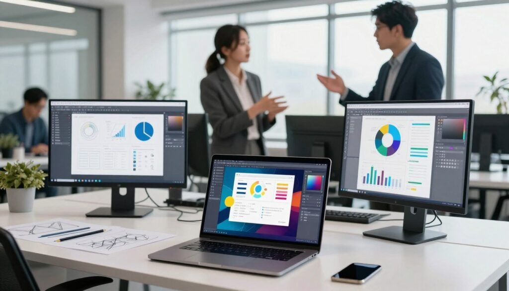 A digital workspace filled with sleek design applications showcased on multiple monitors, illustrating the concept of design limitations. In the foreground, a modern desk with a laptop open to a vibrant design software interface, surrounded by design tools and sketches. In the middle ground, two figures in professional business attire engage in discussion, gesturing towards the screens filled with intricate designs and graphs, reflecting collaboration. The background features a bright, airy office space with large windows allowing natural light to pour in, creating a motivating atmosphere. The overall mood is focused and innovative, highlighting the potential challenges in design technology while promoting a sense of creativity and teamwork. The composition emphasizes clarity, with an emphasis on the screens that represent the design ceiling concept. A digital workspace filled with sleek design applications showcased on multiple monitors, illustrating the concept of design limitations. In the foreground, a modern desk with a laptop open to a vibrant design software interface, surrounded by design tools and sketches. In the middle ground, two figures in professional business attire engage in discussion, gesturing towards the screens filled with intricate designs and graphs, reflecting collaboration. The background features a bright, airy office space with large windows allowing natural light to pour in, creating a motivating atmosphere. The overall mood is focused and innovative, highlighting the potential challenges in design technology while promoting a sense of creativity and teamwork. The composition emphasizes clarity, with an emphasis on the screens that represent the design ceiling concept.