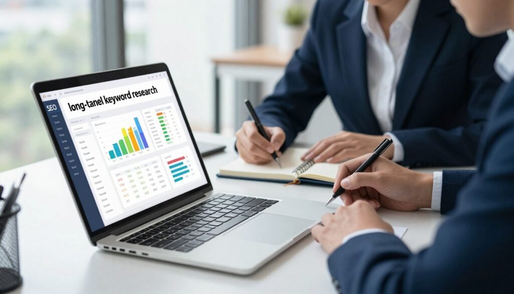 A digital workspace scene focused on "long-tail keyword research" for SEO optimization. In the foreground, a well-organized desk featuring a laptop open to an SEO tool interface, with colorful graphs and data visualizations on the screen. In the middle ground, a person in professional attire, such as a business suit, is typing notes on a notepad while thoughtfully analyzing the information. The background shows a modern office environment, with bright, natural lighting streaming through large windows that illuminate the space. The mood is focused and productive, conveying a sense of innovation and strategic planning in digital marketing. A subtle, cool color palette enhances the professionalism of the scene. A digital workspace scene focused on "long-tail keyword research" for SEO optimization. In the foreground, a well-organized desk featuring a laptop open to an SEO tool interface, with colorful graphs and data visualizations on the screen. In the middle ground, a person in professional attire, such as a business suit, is typing notes on a notepad while thoughtfully analyzing the information. The background shows a modern office environment, with bright, natural lighting streaming through large windows that illuminate the space. The mood is focused and productive, conveying a sense of innovation and strategic planning in digital marketing. A subtle, cool color palette enhances the professionalism of the scene.