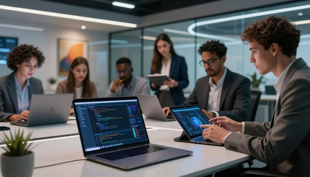 A digital workspace scene showcasing the fundamental features of BLACKBOX.AI, emphasizing innovation in artificial intelligence. In the foreground, a sleek laptop displays code and AI data visualization graphics, surrounded by modern tech gadgets. In the middle ground, a diverse team of professionals dressed in business attire collaborates, discussing ideas and analyzing data on digital tablets. The background features a futuristic office environment with glass walls, abstract art, and ambient LED lighting to enhance the innovative atmosphere. Soft, diffused lighting casts a warm glow, creating a sense of inspiration and teamwork. Use a wide-angle lens to capture the dynamic interaction among the team while highlighting the cutting-edge technology surrounding them. The mood is focused yet energetic, embodying the essence of advanced AI development. A digital workspace scene showcasing the fundamental features of BLACKBOX.AI, emphasizing innovation in artificial intelligence. In the foreground, a sleek laptop displays code and AI data visualization graphics, surrounded by modern tech gadgets. In the middle ground, a diverse team of professionals dressed in business attire collaborates, discussing ideas and analyzing data on digital tablets. The background features a futuristic office environment with glass walls, abstract art, and ambient LED lighting to enhance the innovative atmosphere. Soft, diffused lighting casts a warm glow, creating a sense of inspiration and teamwork. Use a wide-angle lens to capture the dynamic interaction among the team while highlighting the cutting-edge technology surrounding them. The mood is focused yet energetic, embodying the essence of advanced AI development.