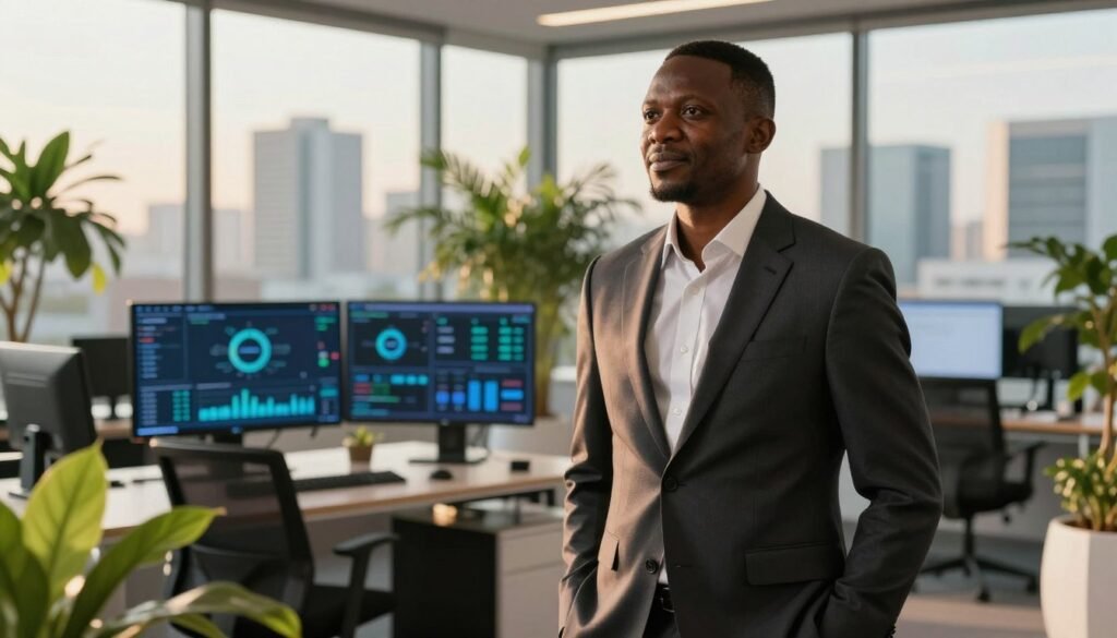 A distinguished African entrepreneur, Mitchell Elegbe, stands confidently in a modern office setting, symbolizing leadership in the fintech industry. In the foreground, he is dressed in a tailored business suit, with a thoughtful expression, showcasing determination and vision. The middle layer captures a sleek, contemporary workspace with high-tech financial screens and vibrant greenery, reflecting a blend of innovation and nature. In the background, large windows reveal a bustling city skyline under warm, golden hour lighting, creating an inspiring atmosphere. The angle is slightly low, emphasizing Elegbe’s presence, while soft, natural light enhances the professionalism of the scene, evoking a sense of growth and opportunity in African fintech. A distinguished African entrepreneur, Mitchell Elegbe, stands confidently in a modern office setting, symbolizing leadership in the fintech industry. In the foreground, he is dressed in a tailored business suit, with a thoughtful expression, showcasing determination and vision. The middle layer captures a sleek, contemporary workspace with high-tech financial screens and vibrant greenery, reflecting a blend of innovation and nature. In the background, large windows reveal a bustling city skyline under warm, golden hour lighting, creating an inspiring atmosphere. The angle is slightly low, emphasizing Elegbe’s presence, while soft, natural light enhances the professionalism of the scene, evoking a sense of growth and opportunity in African fintech.