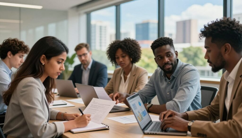 A diverse group of professional entrepreneurs engaged in a selection process, gathering around a large table in a well-lit modern office setting. The foreground features a South Asian woman in business attire, reviewing documents and taking notes, while a Black man in smart casual clothes shares ideas with an African woman in a blazer, pointing at a chart on a laptop. In the background, large windows reveal a vibrant cityscape, filled with greenery and skyscrapers under a bright blue sky. The lighting is warm and inviting, fostering a collaborative atmosphere. The overall mood reflects ambition and focus, capturing the essence of the entrepreneurial selection process in Africa. A diverse group of professional entrepreneurs engaged in a selection process, gathering around a large table in a well-lit modern office setting. The foreground features a South Asian woman in business attire, reviewing documents and taking notes, while a Black man in smart casual clothes shares ideas with an African woman in a blazer, pointing at a chart on a laptop. In the background, large windows reveal a vibrant cityscape, filled with greenery and skyscrapers under a bright blue sky. The lighting is warm and inviting, fostering a collaborative atmosphere. The overall mood reflects ambition and focus, capturing the essence of the entrepreneurial selection process in Africa.