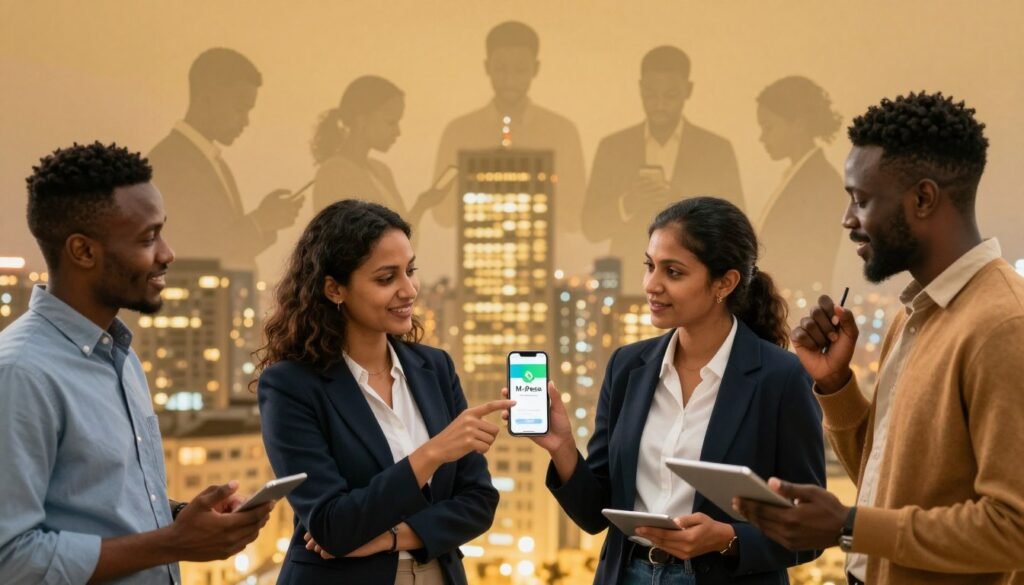 A diverse group of professional individuals engaged in a conversation about mobile financial inclusion, representing the rise of M-Pesa. In the foreground, a South Asian woman in business attire, enthusiastically pointing at a smartphone displaying the M-Pesa app. Beside her, a Black man in a smart casual outfit nods in agreement, holding a tablet. In the middle ground, an illuminated cityscape glows softly, symbolizing economic growth. The background features silhouettes of people using mobile devices, showcasing the widespread adoption of mobile financial services. The atmosphere is optimistic and vibrant, with warm golden lighting suggesting a hopeful future. Use a wide-angle lens to capture the dynamic interaction among the figures and the urban backdrop, enhancing the sense of community and progress. A diverse group of professional individuals engaged in a conversation about mobile financial inclusion, representing the rise of M-Pesa. In the foreground, a South Asian woman in business attire, enthusiastically pointing at a smartphone displaying the M-Pesa app. Beside her, a Black man in a smart casual outfit nods in agreement, holding a tablet. In the middle ground, an illuminated cityscape glows softly, symbolizing economic growth. The background features silhouettes of people using mobile devices, showcasing the widespread adoption of mobile financial services. The atmosphere is optimistic and vibrant, with warm golden lighting suggesting a hopeful future. Use a wide-angle lens to capture the dynamic interaction among the figures and the urban backdrop, enhancing the sense of community and progress.