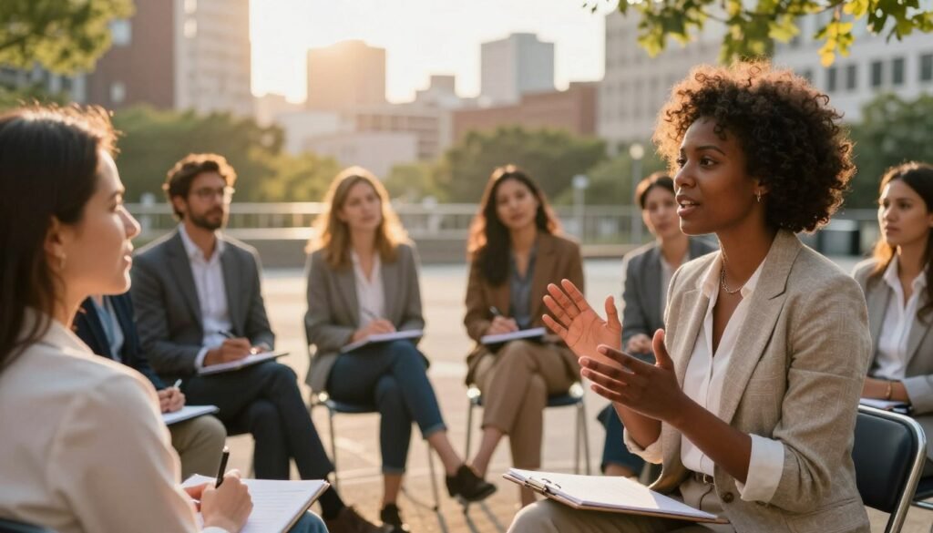 A diverse group of professional individuals engaging in a spirited discussion in an outdoor setting, symbolizing the mobilization for human rights. In the foreground, a black female entrepreneur confidently speaks, dressed in stylish yet professional business attire. In the middle ground, other attendees, including a Hispanic male and a Caucasian female, are actively listening and taking notes, highlighting their diverse backgrounds. The background features an urban cityscape bathed in warm, golden-hour sunlight, emphasizing a sense of hope and commitment. The scene is dynamic, with leaves gently rustling in the breeze, creating an atmosphere of activism and collaboration. Use a wide-angle lens to capture the energy of the gathering, focusing on the interactions among the individuals. A diverse group of professional individuals engaging in a spirited discussion in an outdoor setting, symbolizing the mobilization for human rights. In the foreground, a black female entrepreneur confidently speaks, dressed in stylish yet professional business attire. In the middle ground, other attendees, including a Hispanic male and a Caucasian female, are actively listening and taking notes, highlighting their diverse backgrounds. The background features an urban cityscape bathed in warm, golden-hour sunlight, emphasizing a sense of hope and commitment. The scene is dynamic, with leaves gently rustling in the breeze, creating an atmosphere of activism and collaboration. Use a wide-angle lens to capture the energy of the gathering, focusing on the interactions among the individuals.