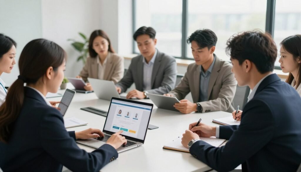 A diverse group of professionals gathered around a modern conference table, showcasing a variety of sectors including technology, healthcare, and education. The foreground features a businesswoman in a smart suit pointing at a laptop screen displaying a user-friendly website interface. In the middle ground, a man in business casual attire takes notes, while a woman wearing glasses analyzes a tablet. The background reveals a bright, airy office space with large windows allowing natural light to flood in, enhancing the collaborative atmosphere. Soft shadows and warm lighting create an inviting mood. The scene captures the essence of a professional meeting dedicated to creating adaptable websites for all industries, emphasizing teamwork and innovation. A diverse group of professionals gathered around a modern conference table, showcasing a variety of sectors including technology, healthcare, and education. The foreground features a businesswoman in a smart suit pointing at a laptop screen displaying a user-friendly website interface. In the middle ground, a man in business casual attire takes notes, while a woman wearing glasses analyzes a tablet. The background reveals a bright, airy office space with large windows allowing natural light to flood in, enhancing the collaborative atmosphere. Soft shadows and warm lighting create an inviting mood. The scene captures the essence of a professional meeting dedicated to creating adaptable websites for all industries, emphasizing teamwork and innovation.