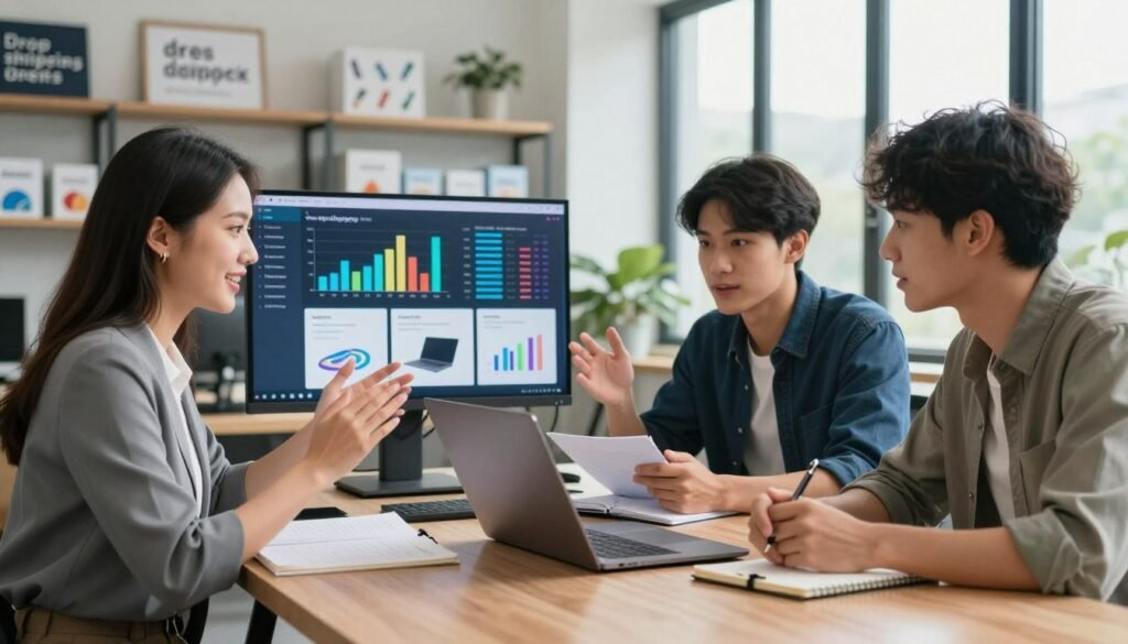 A diverse group of three ideal dropshipping users engaged in a collaborative discussion around a laptop, set in a modern workspace. In the foreground, a confident woman with an entrepreneurial spirit, dressed in professional attire, gestures as she shares insights. Beside her, a young man in smart casual wear takes notes, showing enthusiasm for their conversation. In the middle ground, a digital screen displays charts and product images relevant to dropshipping trends, radiating a vibrant, tech-savvy atmosphere. The background reveals a well-organized office with shelves showcasing various products and motivational quotes. Soft, natural light streams in through large windows, creating an inspiring and dynamic ambiance that emphasizes collaboration and innovation in the dropshipping industry. A diverse group of three ideal dropshipping users engaged in a collaborative discussion around a laptop, set in a modern workspace. In the foreground, a confident woman with an entrepreneurial spirit, dressed in professional attire, gestures as she shares insights. Beside her, a young man in smart casual wear takes notes, showing enthusiasm for their conversation. In the middle ground, a digital screen displays charts and product images relevant to dropshipping trends, radiating a vibrant, tech-savvy atmosphere. The background reveals a well-organized office with shelves showcasing various products and motivational quotes. Soft, natural light streams in through large windows, creating an inspiring and dynamic ambiance that emphasizes collaboration and innovation in the dropshipping industry.