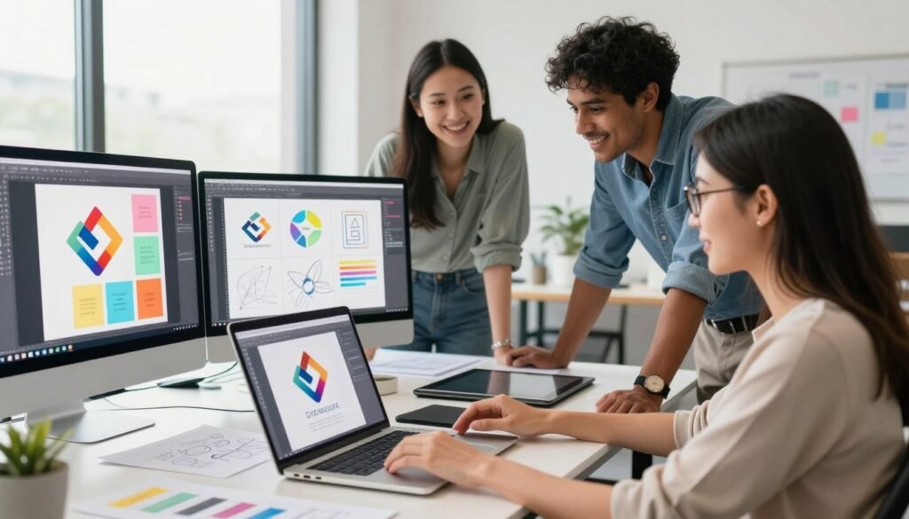 A diverse group of three professionals collaborating enthusiastically in a bright, modern workspace, surrounded by an array of colorful software tools and logo design elements. In the foreground, a woman with glasses reviewing a sleek laptop screen displaying a vibrant logo design with various iterations. The middle ground features sketches, digital tablets, and design software open on additional screens, showcasing creativity and innovation. The background consists of large windows letting in soft natural light, highlighting the collaborative atmosphere. The professionals are dressed in smart casual attire, reflecting a warm and productive mood, perfect for a creative environment. The overall ambiance is inspiring and dynamic, with a color palette that emphasizes creativity and professionalism. A diverse group of three professionals collaborating enthusiastically in a bright, modern workspace, surrounded by an array of colorful software tools and logo design elements. In the foreground, a woman with glasses reviewing a sleek laptop screen displaying a vibrant logo design with various iterations. The middle ground features sketches, digital tablets, and design software open on additional screens, showcasing creativity and innovation. The background consists of large windows letting in soft natural light, highlighting the collaborative atmosphere. The professionals are dressed in smart casual attire, reflecting a warm and productive mood, perfect for a creative environment. The overall ambiance is inspiring and dynamic, with a color palette that emphasizes creativity and professionalism.