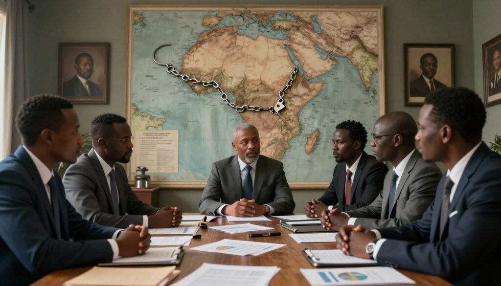 A dramatic and evocative scene depicting the historical debt crisis in Africa. In the foreground, a group of diverse professionals in business attire engages in a serious discussion at a large wooden table littered with financial documents and charts. The middle ground features a map of Africa, overlaid with symbolic imagery representing economic struggles, such as shackles, broken chains, or empty pockets. The background showcases a moody, dimly lit room with faded historical portraits on the walls, emphasizing the weight of financial burden. Soft, diffused lighting casts shadows that evoke a sense of urgency and reflection. The overall atmosphere is somber yet hopeful, capturing the complexities and historical context of Africa's debt crisis. A dramatic and evocative scene depicting the historical debt crisis in Africa. In the foreground, a group of diverse professionals in business attire engages in a serious discussion at a large wooden table littered with financial documents and charts. The middle ground features a map of Africa, overlaid with symbolic imagery representing economic struggles, such as shackles, broken chains, or empty pockets. The background showcases a moody, dimly lit room with faded historical portraits on the walls, emphasizing the weight of financial burden. Soft, diffused lighting casts shadows that evoke a sense of urgency and reflection. The overall atmosphere is somber yet hopeful, capturing the complexities and historical context of Africa's debt crisis.