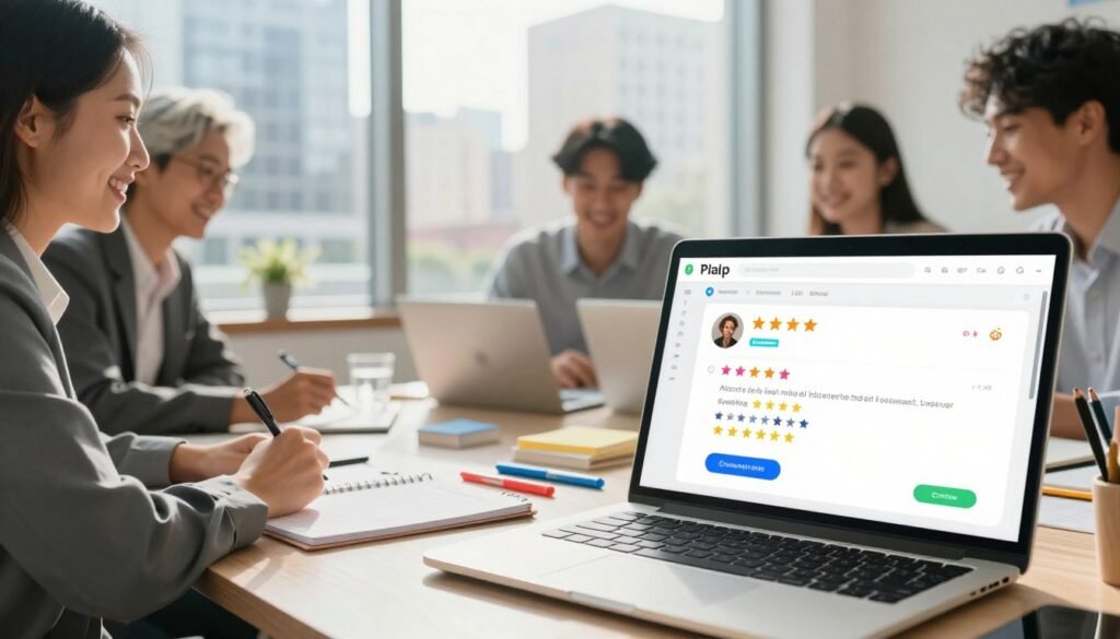 A dynamic and engaging digital workspace filled with positive user feedback on a computer screen. In the foreground, a laptop displays a vibrant user review section with high ratings and colorful stars. To the left, a diverse group of smiling professionals in business attire discuss the reviews enthusiastically. In the middle ground, a desk cluttered with creative tools like notepads and markers reflects a busy, productive atmosphere. In the background, a large window reveals a bright, sunny day outside, with city skyscrapers to emphasize urban digital growth. Use soft, natural lighting to create a warm and inviting mood, with a focus on clarity and professionalism. The scene conveys trust and satisfaction in online services without any text or logos. A dynamic and engaging digital workspace filled with positive user feedback on a computer screen. In the foreground, a laptop displays a vibrant user review section with high ratings and colorful stars. To the left, a diverse group of smiling professionals in business attire discuss the reviews enthusiastically. In the middle ground, a desk cluttered with creative tools like notepads and markers reflects a busy, productive atmosphere. In the background, a large window reveals a bright, sunny day outside, with city skyscrapers to emphasize urban digital growth. Use soft, natural lighting to create a warm and inviting mood, with a focus on clarity and professionalism. The scene conveys trust and satisfaction in online services without any text or logos.
