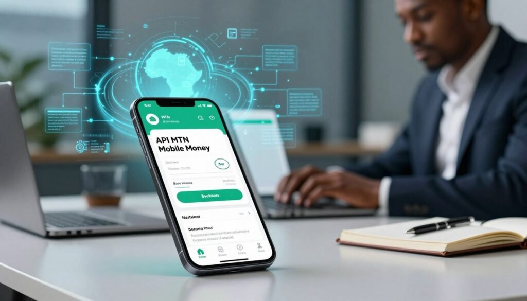 A dynamic and informative illustration of the "API MTN Mobile Money," featuring a sleek smartphone displaying the application interface in the foreground. The device is placed atop a modern desk, adorned with business-related props like notebooks and pens. In the middle ground, a professional individual, dressed in business attire, engages with the API documentation on a laptop, showcasing concentration and expertise. In the background, an abstract graphic visualization of data flow and financial transactions illustrates the seamless integration of the API in a digital landscape, complemented by soft blue and green lighting that conveys innovation and trust. The overall mood is professional and forward-thinking, capturing the essence of mobile financial solutions in Africa. A dynamic and informative illustration of the "API MTN Mobile Money," featuring a sleek smartphone displaying the application interface in the foreground. The device is placed atop a modern desk, adorned with business-related props like notebooks and pens. In the middle ground, a professional individual, dressed in business attire, engages with the API documentation on a laptop, showcasing concentration and expertise. In the background, an abstract graphic visualization of data flow and financial transactions illustrates the seamless integration of the API in a digital landscape, complemented by soft blue and green lighting that conveys innovation and trust. The overall mood is professional and forward-thinking, capturing the essence of mobile financial solutions in Africa.