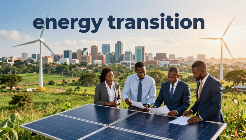 A dynamic and inspiring scene depicting "energy transition" in Africa. In the foreground, a diverse group of professionals in smart business attire collaborates around a solar panel installation, discussing and planning. The middle ground features a wind farm generating energy, with green fields surrounding it, symbolizing sustainable development. In the background, a vibrant cityscape showcases modern architecture integrated with lush green spaces. The sky is bright and clear, softly lit by a golden hour sun, casting warm light over the scene, evoking hope and innovation. The overall mood is optimistic and forward-looking, celebrating the synergy between economic growth and ecological transformation in Africa. A dynamic and inspiring scene depicting "energy transition" in Africa. In the foreground, a diverse group of professionals in smart business attire collaborates around a solar panel installation, discussing and planning. The middle ground features a wind farm generating energy, with green fields surrounding it, symbolizing sustainable development. In the background, a vibrant cityscape showcases modern architecture integrated with lush green spaces. The sky is bright and clear, softly lit by a golden hour sun, casting warm light over the scene, evoking hope and innovation. The overall mood is optimistic and forward-looking, celebrating the synergy between economic growth and ecological transformation in Africa.