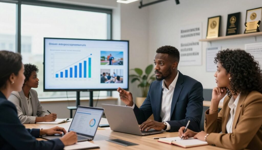 A dynamic and modern office environment representing African entrepreneurship, showcasing a diverse group of professionals engaged in a strategic meeting. In the foreground, a confident Black entrepreneur in a tailored suit presents a digital pitch deck on a sleek laptop, while a South Asian businesswoman takes notes, thoughtfully engaged in the discussion. In the middle ground, a large screen displays growth charts and images of successful startups. The background features a wall adorned with awards and inspirational quotes depicting financial success. Soft, natural lighting filters through large windows, illuminating the space and creating an optimistic atmosphere. The composition emphasizes professionalism, collaboration, and innovation, reflecting the essence of investing in startups and strategic financing. A dynamic and modern office environment representing African entrepreneurship, showcasing a diverse group of professionals engaged in a strategic meeting. In the foreground, a confident Black entrepreneur in a tailored suit presents a digital pitch deck on a sleek laptop, while a South Asian businesswoman takes notes, thoughtfully engaged in the discussion. In the middle ground, a large screen displays growth charts and images of successful startups. The background features a wall adorned with awards and inspirational quotes depicting financial success. Soft, natural lighting filters through large windows, illuminating the space and creating an optimistic atmosphere. The composition emphasizes professionalism, collaboration, and innovation, reflecting the essence of investing in startups and strategic financing.