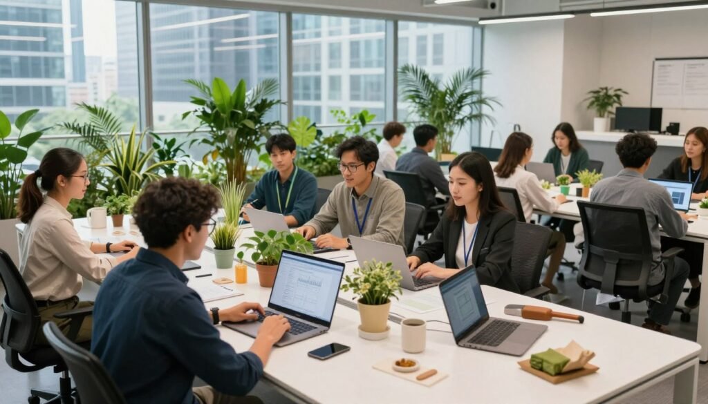 A dynamic and modern workspace showcasing innovative sectors involved in agritech startups. In the foreground, a diverse group of professionals in smart casual attire collaborates around a sleek, high-tech table filled with laptops, digital devices, and sustainable products. In the middle ground, vibrant green plants and modern decorations create an inspiring atmosphere. The background features large glass windows revealing a bustling cityscape, symbolizing growth and opportunity. Soft, natural lighting floods the space, enhancing the atmosphere of creativity and collaboration. The image conveys an energetic yet professional mood, perfect for illustrating the acceleration program. The angle is slightly elevated to capture the interaction and innovation within the space. A dynamic and modern workspace showcasing innovative sectors involved in agritech startups. In the foreground, a diverse group of professionals in smart casual attire collaborates around a sleek, high-tech table filled with laptops, digital devices, and sustainable products. In the middle ground, vibrant green plants and modern decorations create an inspiring atmosphere. The background features large glass windows revealing a bustling cityscape, symbolizing growth and opportunity. Soft, natural lighting floods the space, enhancing the atmosphere of creativity and collaboration. The image conveys an energetic yet professional mood, perfect for illustrating the acceleration program. The angle is slightly elevated to capture the interaction and innovation within the space.