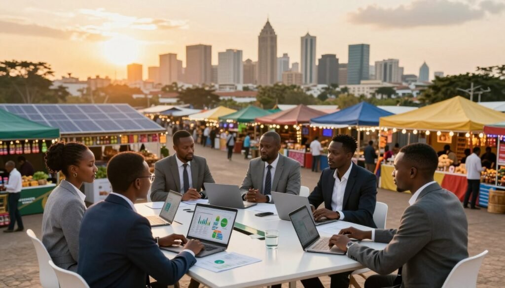 A dynamic and vibrant scene illustrating the booming sectors of the African market. In the foreground, diverse business professionals dressed in smart attire gather around a modern conference table, engaged in animated discussions with laptops and charts displayed. In the middle ground, a bustling marketplace showcases various sectors such as technology, agriculture, and renewable energy, with colorful stalls and products symbolizing growth. The background features a panoramic view of an African city skyline at sunset, with warm golden light casting a hopeful glow over the landscape. The atmosphere is energetic and optimistic, reflecting opportunities and innovation in Africa's emerging markets. Soft focus and a wide-angle perspective enhance the depth and warmth of the scene. A dynamic and vibrant scene illustrating the booming sectors of the African market. In the foreground, diverse business professionals dressed in smart attire gather around a modern conference table, engaged in animated discussions with laptops and charts displayed. In the middle ground, a bustling marketplace showcases various sectors such as technology, agriculture, and renewable energy, with colorful stalls and products symbolizing growth. The background features a panoramic view of an African city skyline at sunset, with warm golden light casting a hopeful glow over the landscape. The atmosphere is energetic and optimistic, reflecting opportunities and innovation in Africa's emerging markets. Soft focus and a wide-angle perspective enhance the depth and warmth of the scene.