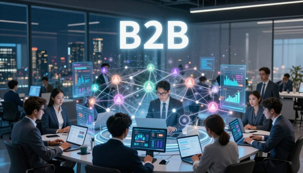 A dynamic and visually striking illustration of a bustling B2B database environment, showcasing millions of interconnected contacts. In the foreground, several diverse professionals in business attire collaboratively analyze data on sleek digital devices, with expressions of focus and determination. The middle layer features vibrant, glowing data points and graphs representing vast networks and insights, surrounded by floating holographic interfaces displaying analytics. The background illustrates a modern office setting with glass walls, subtle reflections of a city skyline, and ambient lighting casting a professional yet energetic atmosphere. The scene conveys a sense of power and potential in the realm of B2B prospecting. The angle is slightly elevated, giving a panoramic view of the energetic activity in a tech-savvy workspace. A dynamic and visually striking illustration of a bustling B2B database environment, showcasing millions of interconnected contacts. In the foreground, several diverse professionals in business attire collaboratively analyze data on sleek digital devices, with expressions of focus and determination. The middle layer features vibrant, glowing data points and graphs representing vast networks and insights, surrounded by floating holographic interfaces displaying analytics. The background illustrates a modern office setting with glass walls, subtle reflections of a city skyline, and ambient lighting casting a professional yet energetic atmosphere. The scene conveys a sense of power and potential in the realm of B2B prospecting. The angle is slightly elevated, giving a panoramic view of the energetic activity in a tech-savvy workspace.