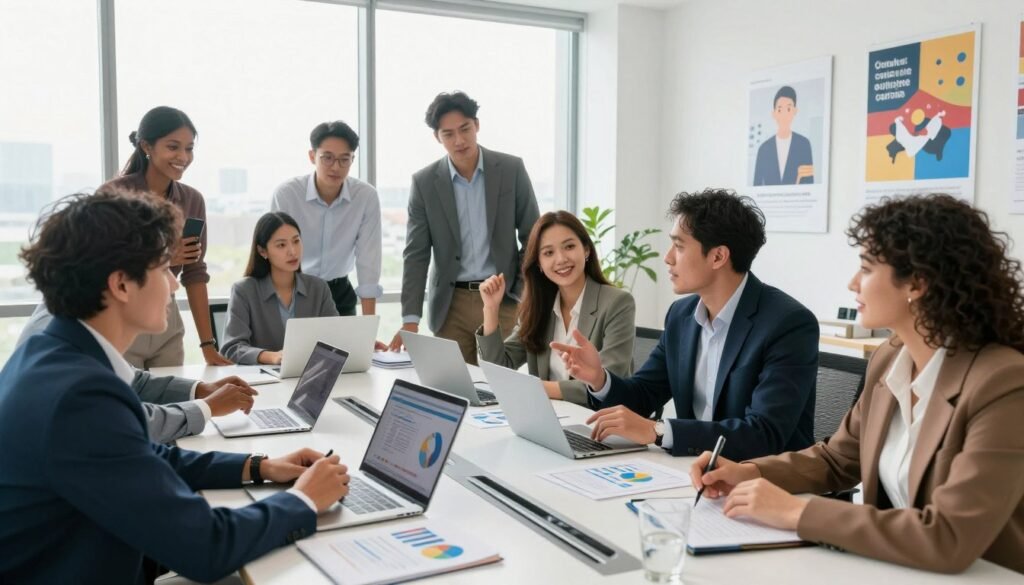 A dynamic business meeting scene depicting diverse professionals collaborating on strategic partnerships to fund startups. In the foreground, multiple figures, including a man in a tailored suit and a woman in smart business attire, are engaged in animated conversation, analyzing charts and documents spread across a sleek conference table. In the middle, large windows let in bright, natural light, illuminating high-tech gadgets and financial reports on an elegant table. The background features a modern office with motivational posters about innovation and entrepreneurship. The atmosphere is energetic and hopeful, conveying a sense of teamwork and ambition. The image should be vibrant and well-lit, captured with a wide-angle lens to emphasize the collaborative spirit of the environment. A dynamic business meeting scene depicting diverse professionals collaborating on strategic partnerships to fund startups. In the foreground, multiple figures, including a man in a tailored suit and a woman in smart business attire, are engaged in animated conversation, analyzing charts and documents spread across a sleek conference table. In the middle, large windows let in bright, natural light, illuminating high-tech gadgets and financial reports on an elegant table. The background features a modern office with motivational posters about innovation and entrepreneurship. The atmosphere is energetic and hopeful, conveying a sense of teamwork and ambition. The image should be vibrant and well-lit, captured with a wide-angle lens to emphasize the collaborative spirit of the environment.