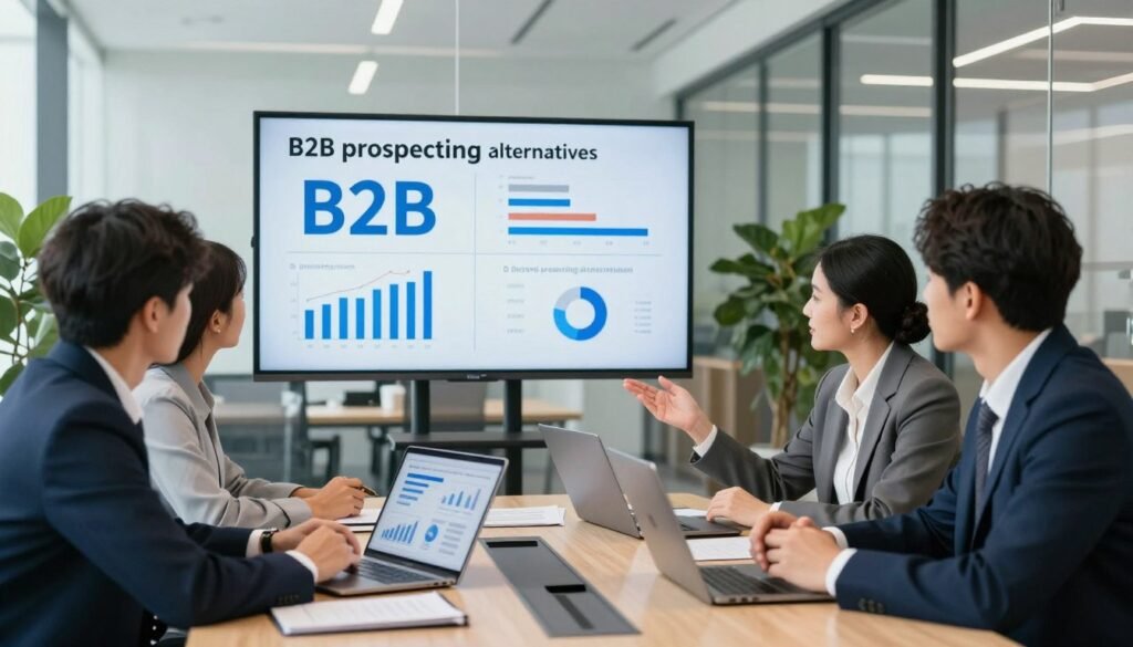 A dynamic business meeting scene depicting professionals engaged in a lively discussion about B2B prospecting alternatives. In the foreground, a diverse group of three business people, dressed in smart business attire, exchange ideas around a modern conference table adorned with laptops and digital tablets displaying graphs and charts. In the middle ground, a large screen showcases key statistics and a comparison of different prospecting tools. The background features a bright, contemporary office space with glass walls and green plants, emphasizing a collaborative environment. The lighting is bright and inviting, with soft natural light streaming in through large windows. Capture the focus, determination, and innovative spirit of the team, highlighting the collaborative nature of B2B prospecting. A dynamic business meeting scene depicting professionals engaged in a lively discussion about B2B prospecting alternatives. In the foreground, a diverse group of three business people, dressed in smart business attire, exchange ideas around a modern conference table adorned with laptops and digital tablets displaying graphs and charts. In the middle ground, a large screen showcases key statistics and a comparison of different prospecting tools. The background features a bright, contemporary office space with glass walls and green plants, emphasizing a collaborative environment. The lighting is bright and inviting, with soft natural light streaming in through large windows. Capture the focus, determination, and innovative spirit of the team, highlighting the collaborative nature of B2B prospecting.