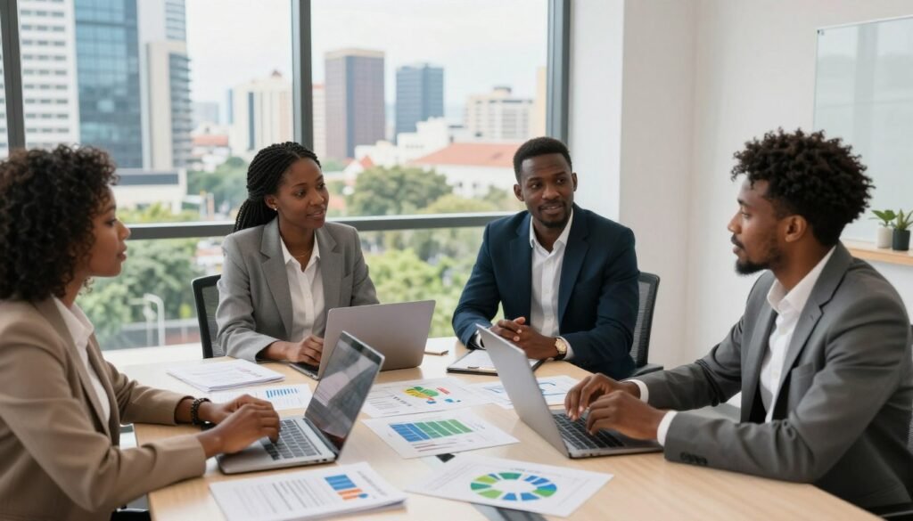 A dynamic business meeting scene set in a modern African office, featuring four professionals, two men and two women, engaged in a discussion about investment strategies. The foreground showcases a large, round conference table with documents, laptops, and charts illustrating potential investment opportunities in various sectors like agriculture, technology, and renewable energy. In the middle background, a large window reveals a vibrant African cityscape, with skyscrapers and greenery. Soft, natural light streams in, creating an inviting and motivational atmosphere. The professionals are dressed in smart business attire, conveying confidence and professionalism. Capture this moment from a slightly elevated angle to emphasize collaboration and the hustle of the city outside. The mood is optimistic and forward-looking, with a focus on growth and opportunity. A dynamic business meeting scene set in a modern African office, featuring four professionals, two men and two women, engaged in a discussion about investment strategies. The foreground showcases a large, round conference table with documents, laptops, and charts illustrating potential investment opportunities in various sectors like agriculture, technology, and renewable energy. In the middle background, a large window reveals a vibrant African cityscape, with skyscrapers and greenery. Soft, natural light streams in, creating an inviting and motivational atmosphere. The professionals are dressed in smart business attire, conveying confidence and professionalism. Capture this moment from a slightly elevated angle to emphasize collaboration and the hustle of the city outside. The mood is optimistic and forward-looking, with a focus on growth and opportunity.