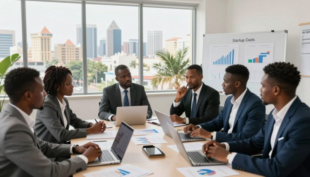 A dynamic business meeting scene set in a modern office environment in Senegal. In the foreground, a diverse group of professional individuals, dressed in smart business attire, are engaged in discussion around a table filled with documents, laptops, and financial charts. The middle ground showcases large windows revealing a view of Dakar’s skyline, with iconic buildings and palm trees swaying outside. In the background, a whiteboard filled with graphs and financing options highlights the theme of startup costs. Soft, natural lighting floods the room, creating an inviting and focused atmosphere. The overall mood is one of collaboration and ambition, capturing the essence of entrepreneurship in Senegal. A dynamic business meeting scene set in a modern office environment in Senegal. In the foreground, a diverse group of professional individuals, dressed in smart business attire, are engaged in discussion around a table filled with documents, laptops, and financial charts. The middle ground showcases large windows revealing a view of Dakar’s skyline, with iconic buildings and palm trees swaying outside. In the background, a whiteboard filled with graphs and financing options highlights the theme of startup costs. Soft, natural lighting floods the room, creating an inviting and focused atmosphere. The overall mood is one of collaboration and ambition, capturing the essence of entrepreneurship in Senegal.