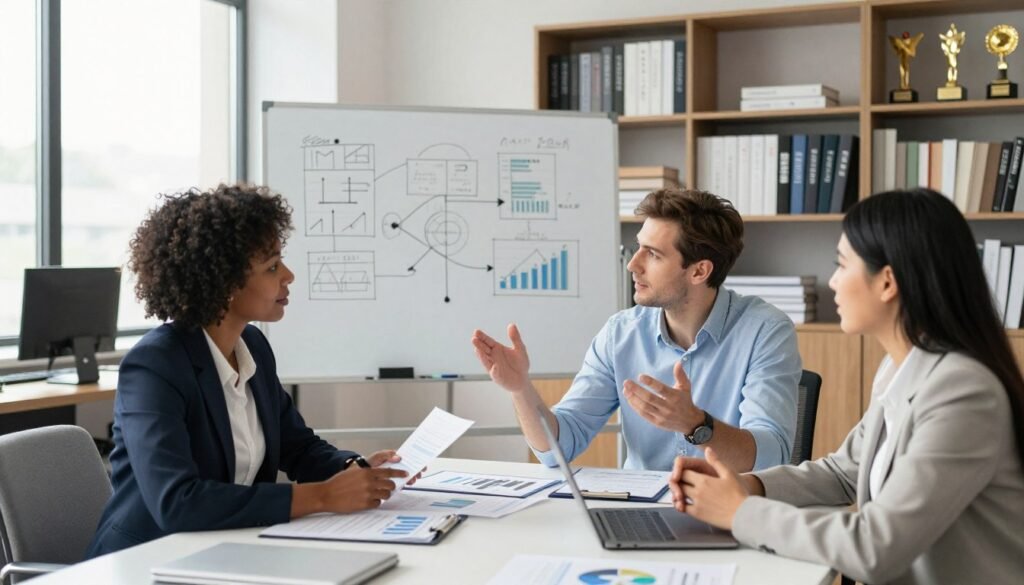 A dynamic business meeting scene set in a modern office. In the foreground, a diverse group of three professionals, a Black woman and a white man in smart casual attire, and an Asian woman in a blazer, are engaged in an animated discussion around a large table filled with documents, charts, and a laptop displaying graphs. The middle ground features a large whiteboard with strategic plans and visuals sketched out, and a window with natural light streaming in, illuminating the room. In the background, shelves lined with business books and awards create a professional atmosphere. The mood is focused and collaborative, emphasizing the importance of planning and strategy. The overall lighting is bright and inviting, captured from a slightly elevated angle for a broad perspective. A dynamic business meeting scene set in a modern office. In the foreground, a diverse group of three professionals, a Black woman and a white man in smart casual attire, and an Asian woman in a blazer, are engaged in an animated discussion around a large table filled with documents, charts, and a laptop displaying graphs. The middle ground features a large whiteboard with strategic plans and visuals sketched out, and a window with natural light streaming in, illuminating the room. In the background, shelves lined with business books and awards create a professional atmosphere. The mood is focused and collaborative, emphasizing the importance of planning and strategy. The overall lighting is bright and inviting, captured from a slightly elevated angle for a broad perspective.