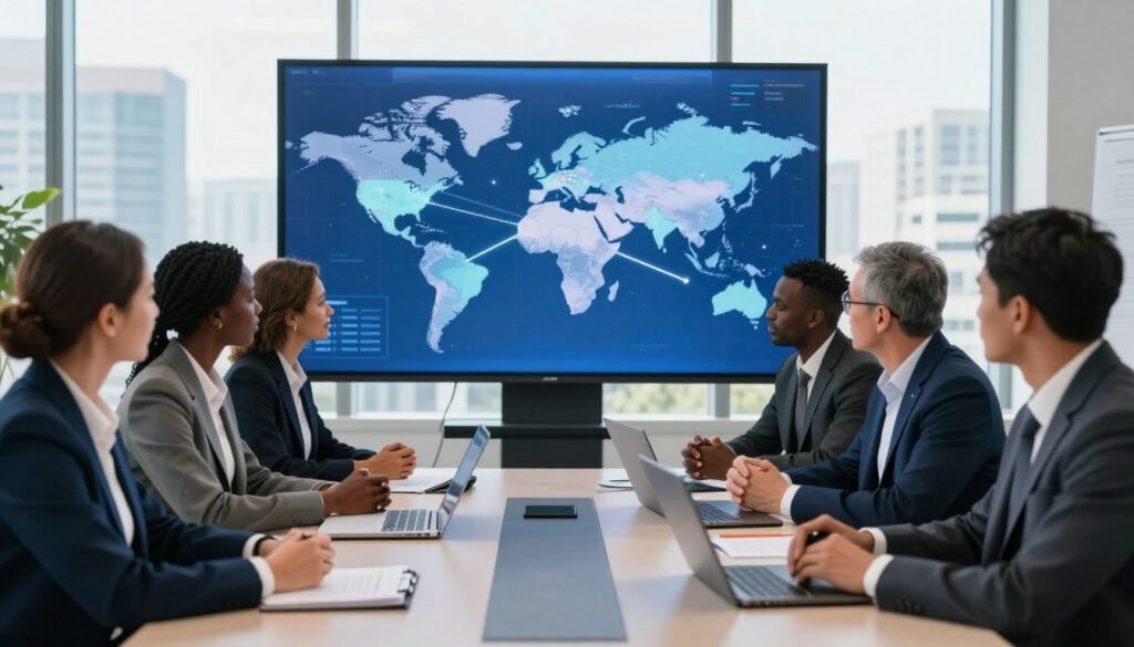 A dynamic business meeting scene showcasing a strategic partnership between African and European representatives. In the foreground, a diverse group of professionals, dressed in smart business attire, is engaged in a collaborative discussion around a sleek conference table, with documents and laptops open. The middle ground features a large digital screen displaying a map of Africa and Europe interconnected by graphical lines representing trade and investment opportunities, symbolizing synergies. The background includes large windows with a bright, optimistic cityscape view, bathed in natural daylight, creating an inspiring atmosphere. The overall mood is one of enthusiasm, cooperation, and forward-thinking, emphasizing global collaboration and shared goals in investment. The angle is slightly elevated, capturing both the faces of the participants and the technology at play. A dynamic business meeting scene showcasing a strategic partnership between African and European representatives. In the foreground, a diverse group of professionals, dressed in smart business attire, is engaged in a collaborative discussion around a sleek conference table, with documents and laptops open. The middle ground features a large digital screen displaying a map of Africa and Europe interconnected by graphical lines representing trade and investment opportunities, symbolizing synergies. The background includes large windows with a bright, optimistic cityscape view, bathed in natural daylight, creating an inspiring atmosphere. The overall mood is one of enthusiasm, cooperation, and forward-thinking, emphasizing global collaboration and shared goals in investment. The angle is slightly elevated, capturing both the faces of the participants and the technology at play.