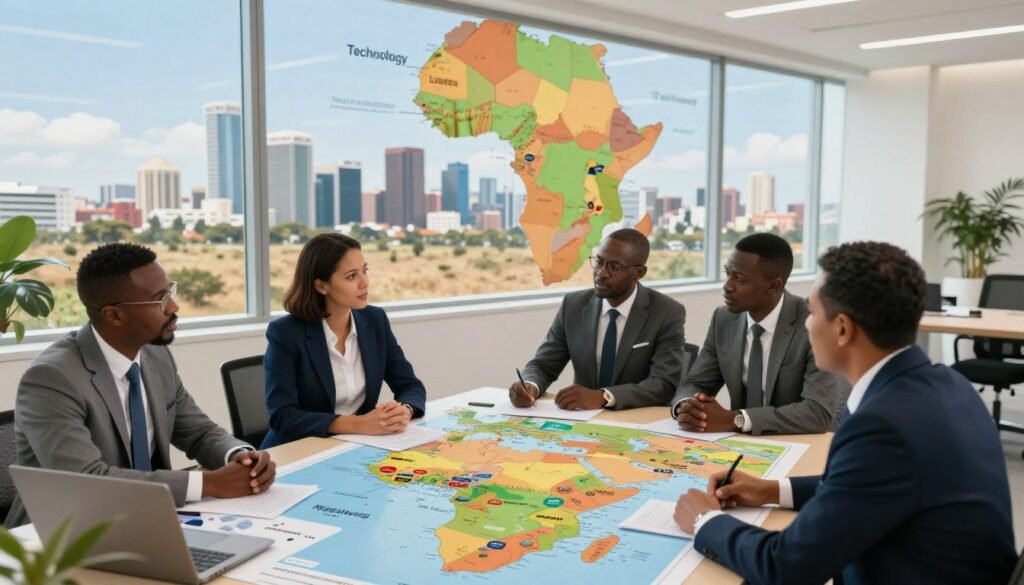 A dynamic business scene depicting investment opportunities across various African sectors and countries. In the foreground, diverse professionals dressed in business attire engage in discussions over a large map showcasing key industries like technology, agriculture, and renewable energy, with vibrant country markers. The middle section features a modern office environment with a large window revealing the skyline of a bustling African city, symbolizing growth and potential. The background captures iconic African landscapes, such as savannas and urban buildings, under bright, sunny lighting, creating an atmosphere of optimism and opportunity. The image should have a clear focus with a slight depth of field, enhancing the sense of engagement and the importance of investment in Africa. A dynamic business scene depicting investment opportunities across various African sectors and countries. In the foreground, diverse professionals dressed in business attire engage in discussions over a large map showcasing key industries like technology, agriculture, and renewable energy, with vibrant country markers. The middle section features a modern office environment with a large window revealing the skyline of a bustling African city, symbolizing growth and potential. The background captures iconic African landscapes, such as savannas and urban buildings, under bright, sunny lighting, creating an atmosphere of optimism and opportunity. The image should have a clear focus with a slight depth of field, enhancing the sense of engagement and the importance of investment in Africa.