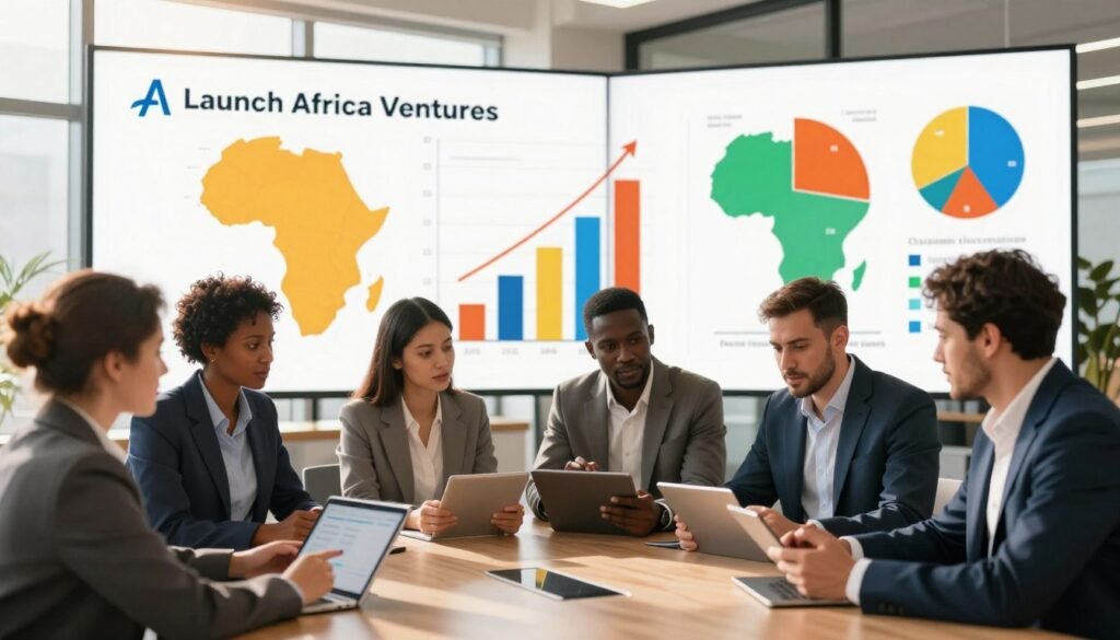 A dynamic business scene showcasing key statistics and growth metrics of Launch Africa Ventures, presented with visual elements like vibrant graphs and charts. In the foreground, diverse professionals in smart business attire are engaged in discussion, analyzing data on digital tablets. The middle ground features large, vivid visuals of bar charts and pie graphs illustrating investment growth in Africa, with bright colors and clear details. The background showcases a modern office environment, with large windows letting in warm, natural light, creating an optimistic atmosphere. The overall mood is one of innovation and collaboration, emphasizing the role of Launch Africa Ventures as a key player in African investment. The image should be well-composed, focusing on clarity and professionalism without any text or logos. A dynamic business scene showcasing key statistics and growth metrics of Launch Africa Ventures, presented with visual elements like vibrant graphs and charts. In the foreground, diverse professionals in smart business attire are engaged in discussion, analyzing data on digital tablets. The middle ground features large, vivid visuals of bar charts and pie graphs illustrating investment growth in Africa, with bright colors and clear details. The background showcases a modern office environment, with large windows letting in warm, natural light, creating an optimistic atmosphere. The overall mood is one of innovation and collaboration, emphasizing the role of Launch Africa Ventures as a key player in African investment. The image should be well-composed, focusing on clarity and professionalism without any text or logos.
