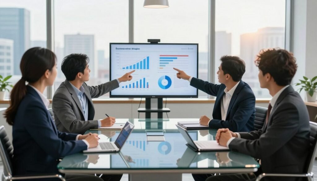 A dynamic business strategy meeting taking place in a modern, well-lit conference room. In the foreground, a diverse group of four professionals in smart business attire are engaged deep in discussion, pointing at a large presentation screen displaying graphs and diagrams of successful business strategies. In the middle, a sleek glass table is surrounded by high-backed chairs, scattered with notebooks and digital tablets, showcasing brainstorming in action. The background features floor-to-ceiling windows revealing a city skyline, with warm sunlight streaming in, creating a bright and optimistic atmosphere. The focus is sharp on the group, while the background is softly blurred, enhancing the professional mood of collaboration and innovation in corporate strategy. A dynamic business strategy meeting taking place in a modern, well-lit conference room. In the foreground, a diverse group of four professionals in smart business attire are engaged deep in discussion, pointing at a large presentation screen displaying graphs and diagrams of successful business strategies. In the middle, a sleek glass table is surrounded by high-backed chairs, scattered with notebooks and digital tablets, showcasing brainstorming in action. The background features floor-to-ceiling windows revealing a city skyline, with warm sunlight streaming in, creating a bright and optimistic atmosphere. The focus is sharp on the group, while the background is softly blurred, enhancing the professional mood of collaboration and innovation in corporate strategy.