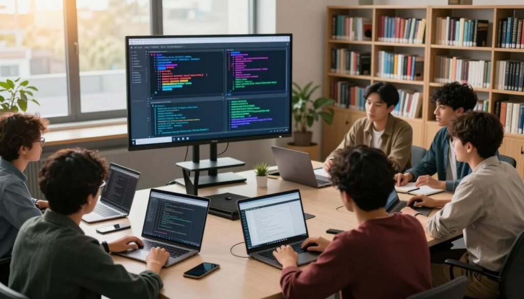 A dynamic classroom environment illustrating interactive data science programming courses. In the foreground, a diverse group of students, dressed in smart casual clothing, are engaged with laptops displaying statistical software and coding platforms. The middle ground features a large digital screen showing colorful, animated data visualizations and programming concepts like Python and R. The background includes bookshelves filled with programming books and a large window letting in warm, natural light to create an inviting atmosphere. The scene is captured with a slightly elevated angle, emphasizing collaboration and participation, conveying excitement and motivation among the learners. The overall mood is vibrant and energetic, promoting a sense of innovation in learning. A dynamic classroom environment illustrating interactive data science programming courses. In the foreground, a diverse group of students, dressed in smart casual clothing, are engaged with laptops displaying statistical software and coding platforms. The middle ground features a large digital screen showing colorful, animated data visualizations and programming concepts like Python and R. The background includes bookshelves filled with programming books and a large window letting in warm, natural light to create an inviting atmosphere. The scene is captured with a slightly elevated angle, emphasizing collaboration and participation, conveying excitement and motivation among the learners. The overall mood is vibrant and energetic, promoting a sense of innovation in learning.