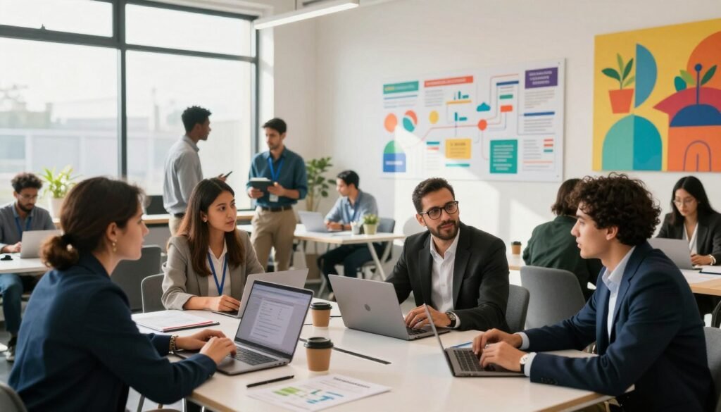 A dynamic co-working space bustling with innovation, showcasing diverse entrepreneurs engaging in discussions and brainstorming sessions around a large table filled with laptops and digital devices. In the foreground, a group of four professionals dressed in smart business attire shares ideas, with a backdrop of modern, colorful artwork symbolizing creativity and growth. The middle ground highlights various startup-related materials on the walls, such as infographics and project timelines, reflecting a culture of collaboration and progress. The background features large windows that let in natural light, casting soft shadows, creating an inviting and energetic atmosphere. The overall mood is vibrant and hopeful, portraying Plug and Play Africa as a key innovation catalyst in the startup ecosystem. A dynamic co-working space bustling with innovation, showcasing diverse entrepreneurs engaging in discussions and brainstorming sessions around a large table filled with laptops and digital devices. In the foreground, a group of four professionals dressed in smart business attire shares ideas, with a backdrop of modern, colorful artwork symbolizing creativity and growth. The middle ground highlights various startup-related materials on the walls, such as infographics and project timelines, reflecting a culture of collaboration and progress. The background features large windows that let in natural light, casting soft shadows, creating an inviting and energetic atmosphere. The overall mood is vibrant and hopeful, portraying Plug and Play Africa as a key innovation catalyst in the startup ecosystem.