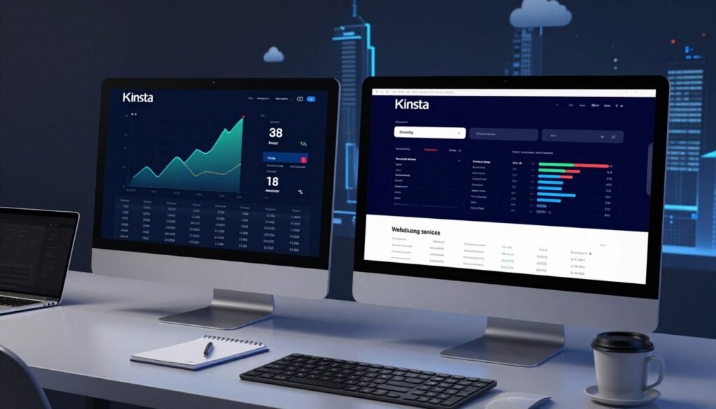 A dynamic comparison of web hosting services, featuring two distinct platforms represented by sleek, modern computer monitors displaying performance metrics. In the foreground, the Kinsta logo is prominently showcased on one screen, with vibrant graphs demonstrating speed and security features. The opposing monitor represents a competitor, displaying contrasting metrics for visual impact. In the middle ground, a stylish workspace with a laptop, notepad, and a coffee cup sets a professional atmosphere. The background features a digital skyline with cloud graphics, symbolizing the tech industry. Soft, focused lighting highlights the monitors while casting subtle shadows, creating an engaging yet professional mood. The angle is slightly tilted to emphasize both screens, inviting viewers to compare the two hosting services directly. A dynamic comparison of web hosting services, featuring two distinct platforms represented by sleek, modern computer monitors displaying performance metrics. In the foreground, the Kinsta logo is prominently showcased on one screen, with vibrant graphs demonstrating speed and security features. The opposing monitor represents a competitor, displaying contrasting metrics for visual impact. In the middle ground, a stylish workspace with a laptop, notepad, and a coffee cup sets a professional atmosphere. The background features a digital skyline with cloud graphics, symbolizing the tech industry. Soft, focused lighting highlights the monitors while casting subtle shadows, creating an engaging yet professional mood. The angle is slightly tilted to emphasize both screens, inviting viewers to compare the two hosting services directly.