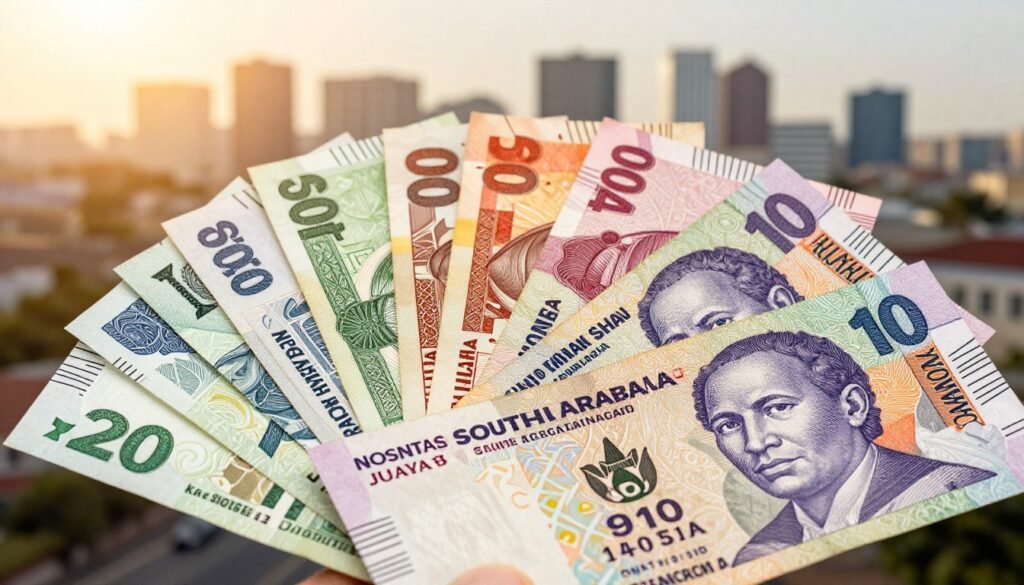 A dynamic composition showcasing South African Rand notes and various African currencies layered artistically. In the foreground, a stack of vibrant Rand notes fanned out, featuring intricate patterns and colors. In the middle ground, several other African banknotes like the Nigerian Naira, Kenyan Shilling, and Ghanaian Cedi are arranged appealingly, showcasing their unique designs and colors. The background features a subtle, blurred depiction of an African city skyline, captured during golden hour, with warm sunlight creating a soft glow. The lighting is natural yet vibrant, ensuring rich colors pop. The mood is optimistic and economic, reflecting the trade and financial interactions within Africa. The overall angle is slightly elevated, inviting viewers into the scene while maintaining a professional feel. A dynamic composition showcasing South African Rand notes and various African currencies layered artistically. In the foreground, a stack of vibrant Rand notes fanned out, featuring intricate patterns and colors. In the middle ground, several other African banknotes like the Nigerian Naira, Kenyan Shilling, and Ghanaian Cedi are arranged appealingly, showcasing their unique designs and colors. The background features a subtle, blurred depiction of an African city skyline, captured during golden hour, with warm sunlight creating a soft glow. The lighting is natural yet vibrant, ensuring rich colors pop. The mood is optimistic and economic, reflecting the trade and financial interactions within Africa. The overall angle is slightly elevated, inviting viewers into the scene while maintaining a professional feel.
