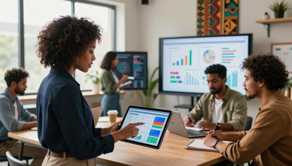 A dynamic digital marketing strategy scene set in Africa, featuring a diverse group of professionals engaged in a brainstorming session. In the foreground, a confident Black woman in a smart business outfit points at a digital tablet, showcasing a vibrant marketing dashboard. Next to her, a South Asian man in a casual yet professional outfit takes notes on a laptop, while a Middle-Eastern woman dressed in smart casual attire analyzes graphs on a large screen. In the background, a modern office environment with African-inspired decor and natural light pouring in through large windows, creating a bright and inspiring atmosphere. The overall mood is collaborative and innovative, emphasizing the intersection of digital technology and marketing tailored to the African market. A dynamic digital marketing strategy scene set in Africa, featuring a diverse group of professionals engaged in a brainstorming session. In the foreground, a confident Black woman in a smart business outfit points at a digital tablet, showcasing a vibrant marketing dashboard. Next to her, a South Asian man in a casual yet professional outfit takes notes on a laptop, while a Middle-Eastern woman dressed in smart casual attire analyzes graphs on a large screen. In the background, a modern office environment with African-inspired decor and natural light pouring in through large windows, creating a bright and inspiring atmosphere. The overall mood is collaborative and innovative, emphasizing the intersection of digital technology and marketing tailored to the African market.