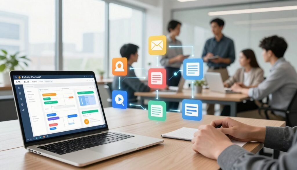 A dynamic digital workspace illustrating Pabbly Connect, showcasing a series of interconnected automation workflows. In the foreground, a sleek, modern laptop displays vibrant graphs and flowcharts representing various automated tasks. In the middle, colorful icons symbolize different apps and integrations such as email, spreadsheets, and project management tools, interconnected by glowing lines that depict seamless data flow. The background features a bright, airy office setting with large windows, allowing natural light to illuminate the scene. People in professional attire are engaged in brainstorming around a conference table, embodying collaboration and productivity. The atmosphere is energetic yet organized, fostering a sense of innovation and efficiency in project management automation. A dynamic digital workspace illustrating Pabbly Connect, showcasing a series of interconnected automation workflows. In the foreground, a sleek, modern laptop displays vibrant graphs and flowcharts representing various automated tasks. In the middle, colorful icons symbolize different apps and integrations such as email, spreadsheets, and project management tools, interconnected by glowing lines that depict seamless data flow. The background features a bright, airy office setting with large windows, allowing natural light to illuminate the scene. People in professional attire are engaged in brainstorming around a conference table, embodying collaboration and productivity. The atmosphere is energetic yet organized, fostering a sense of innovation and efficiency in project management automation.