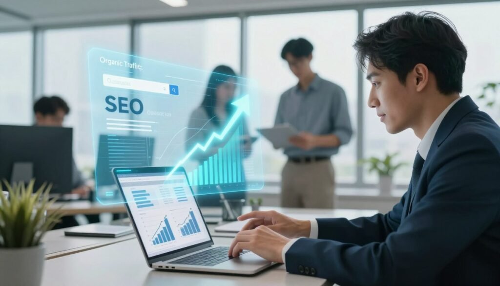 A dynamic digital workspace illustrating the concept of SEO and traffic generation. In the foreground, a focused professional person in business attire, analyzing data on a laptop screen surrounded by charts and graphs depicting growth. In the middle, a clear visualization of website analytics on a holographic interface showcasing increased traffic metrics, organic search results, and a glowing upward arrow symbolizing growth. In the background, a modern office setting with a large window allowing natural light to flood the room, creating a bright and optimistic atmosphere. A calming color palette of blues and greens to evoke a sense of growth and innovation. The scene captures a collaborative, energetic mood, emphasizing the importance of SEO in boosting online sales. A dynamic digital workspace illustrating the concept of SEO and traffic generation. In the foreground, a focused professional person in business attire, analyzing data on a laptop screen surrounded by charts and graphs depicting growth. In the middle, a clear visualization of website analytics on a holographic interface showcasing increased traffic metrics, organic search results, and a glowing upward arrow symbolizing growth. In the background, a modern office setting with a large window allowing natural light to flood the room, creating a bright and optimistic atmosphere. A calming color palette of blues and greens to evoke a sense of growth and innovation. The scene captures a collaborative, energetic mood, emphasizing the importance of SEO in boosting online sales.